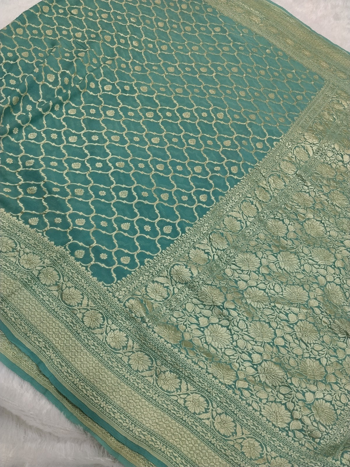 Dark Sea Green Colour Handloom Pure Banarasi Khaddi Georgette Saree Water Zari