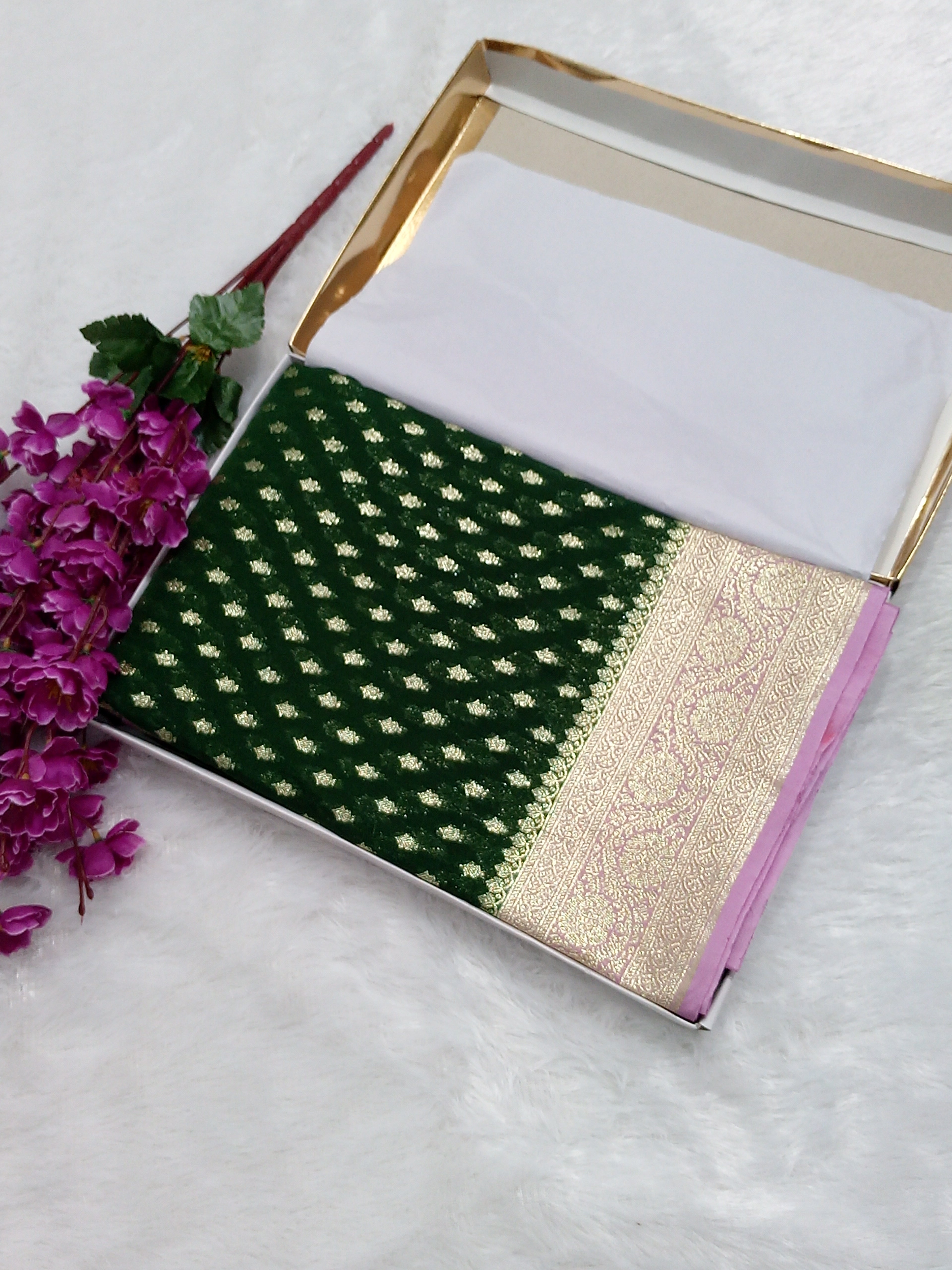 Bottle Green And Pink Zari Buti Georgette Saree