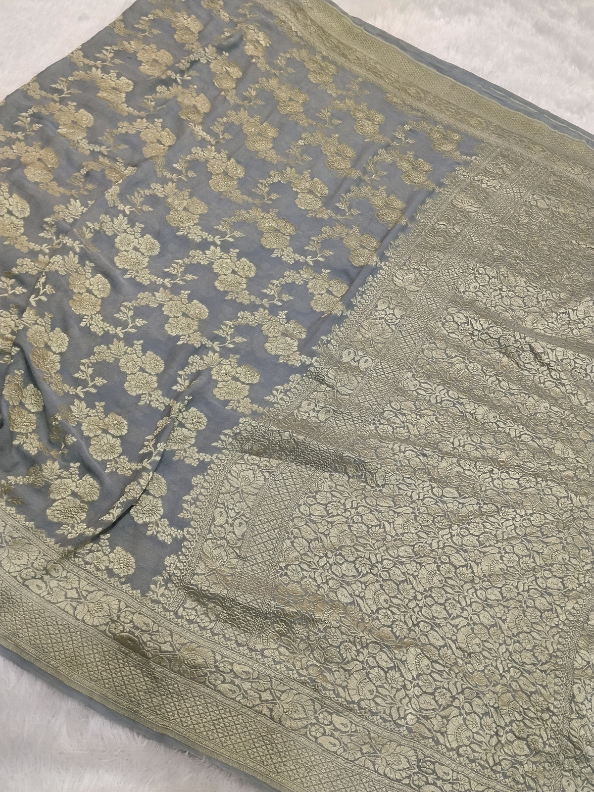 Grey Colour Handloom Pure Banarasi Khaddi Georgette Saree Water Zari