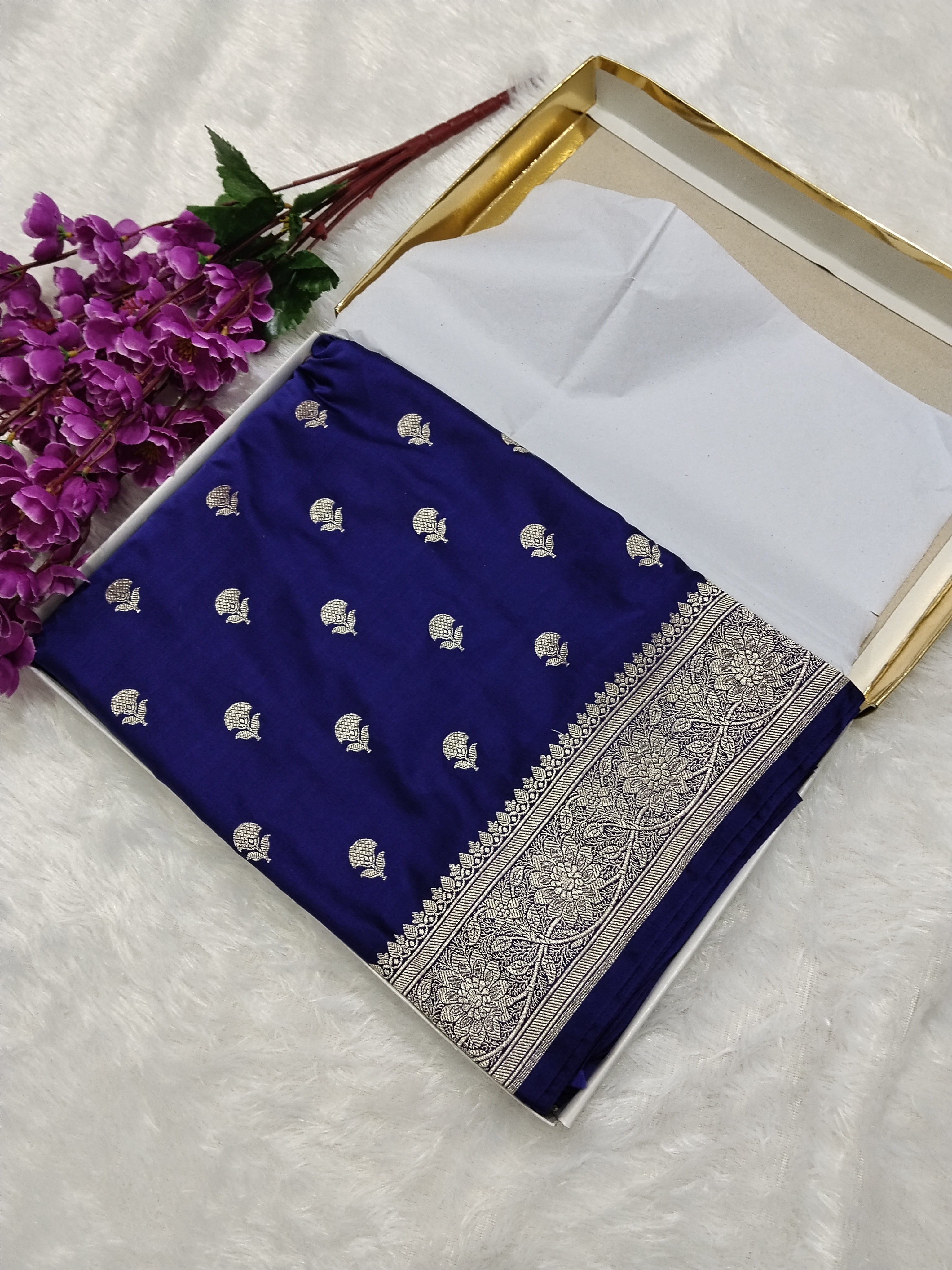 Navy Blue Color Banarasi Mashru Silk Saree
