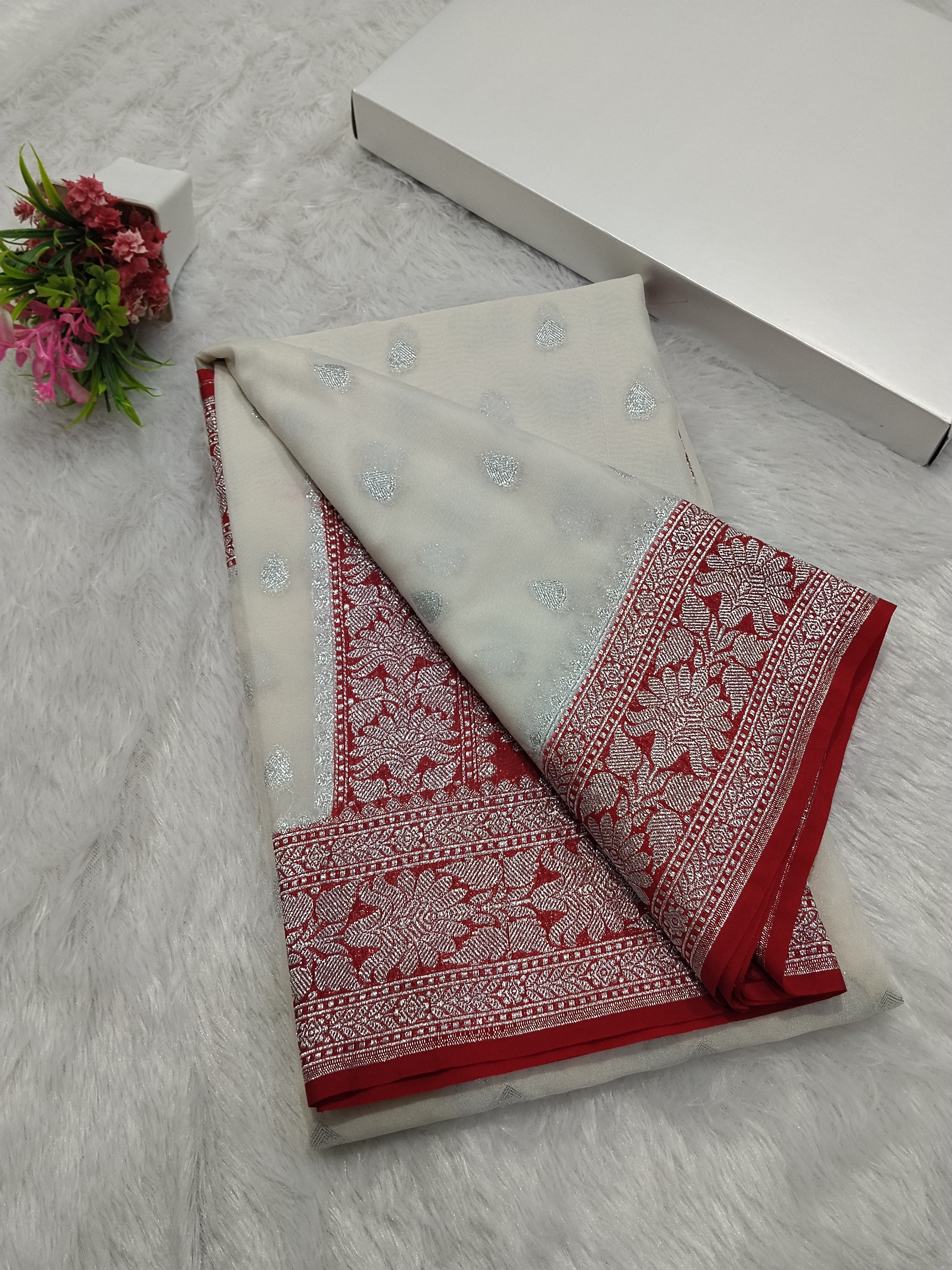 Off White And Red Colour Banarasi Khaddi Georgette Saree