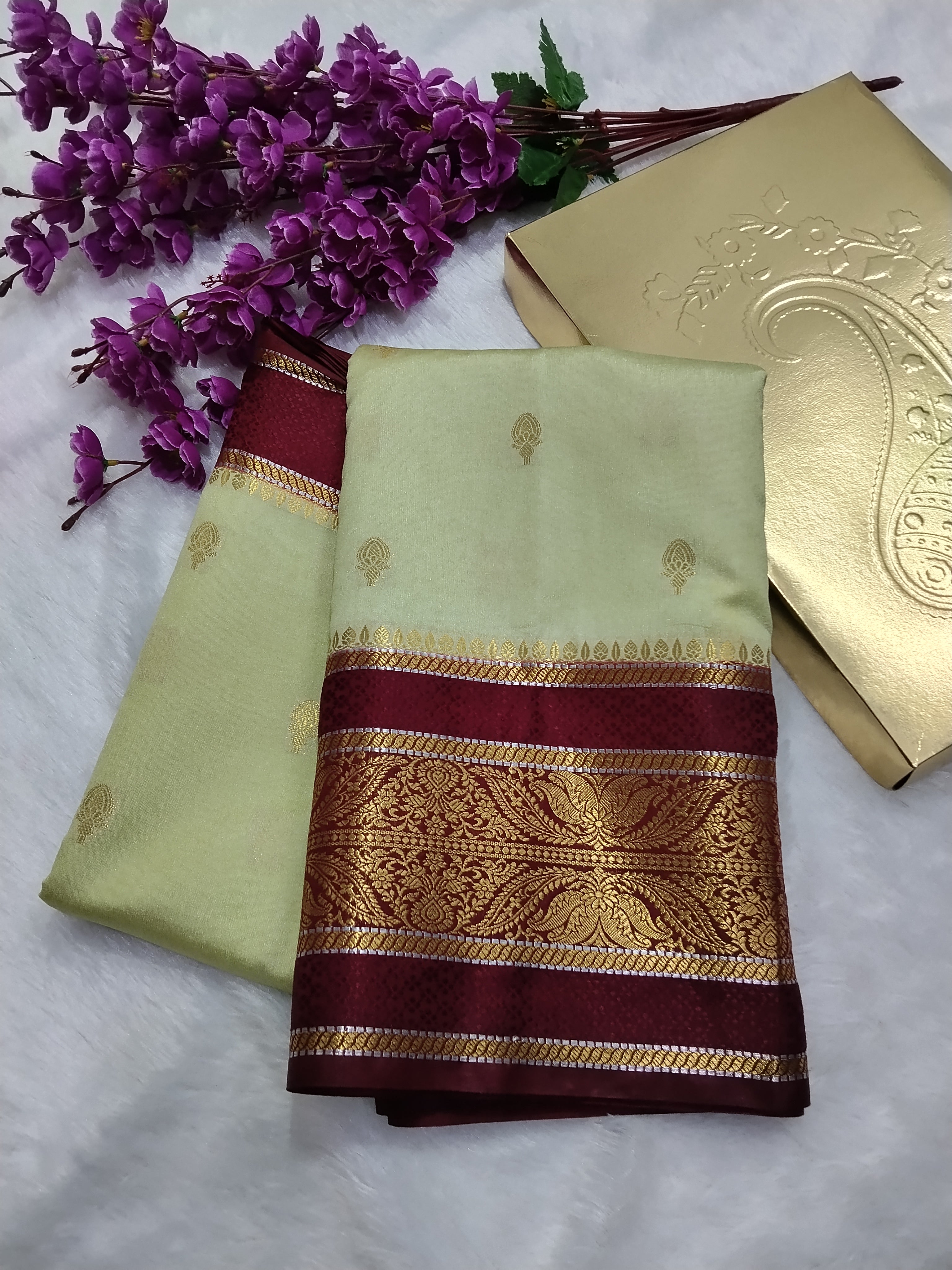 Maroon And Light Pista Green Colour Kanjivaram Border Moonga Silk Saree With Buti