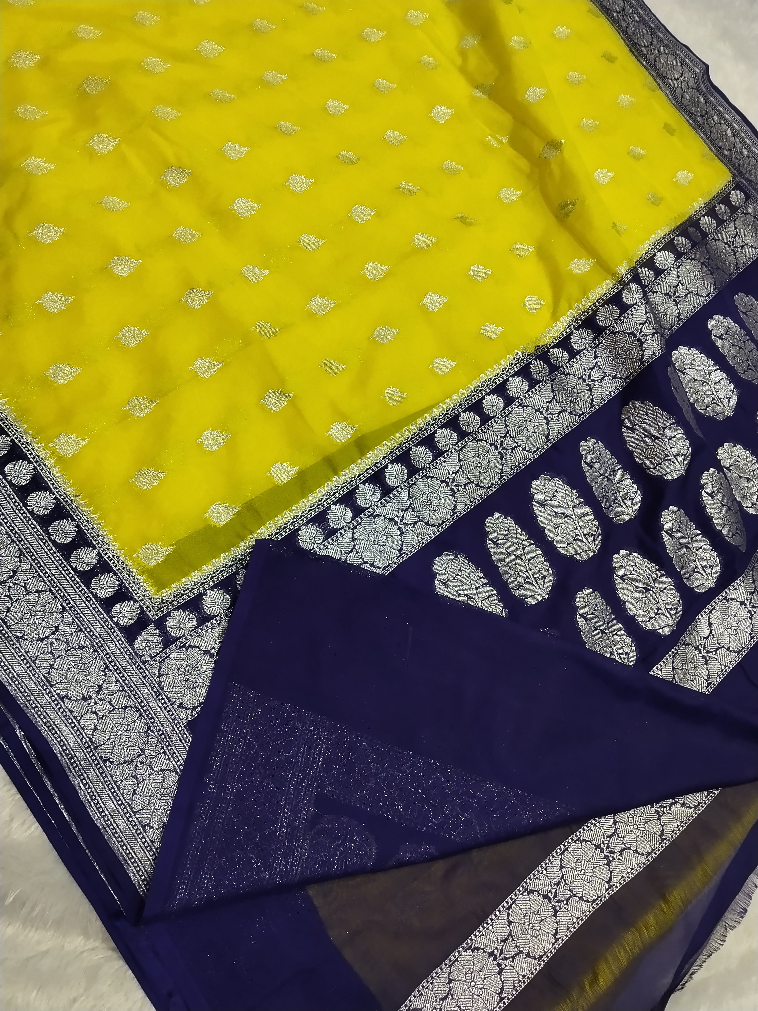 Lemon And Violet Colour Silver Zari Khaddi Georgette Saree