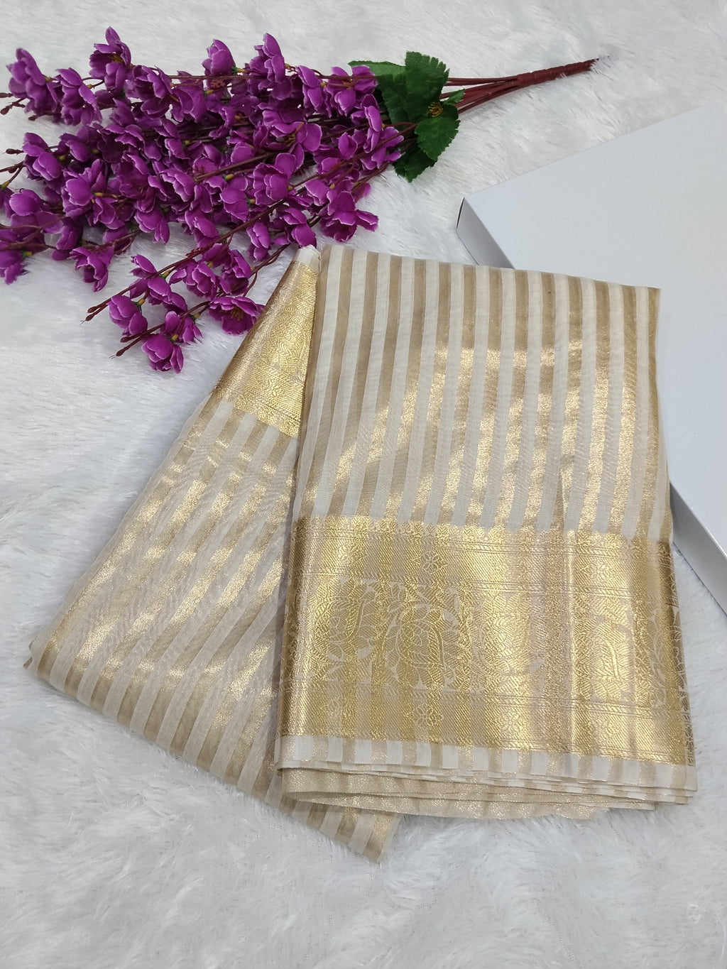 Off White Banarasi Fancy Cotton Saree With Strip Zari And Brocade Blouse