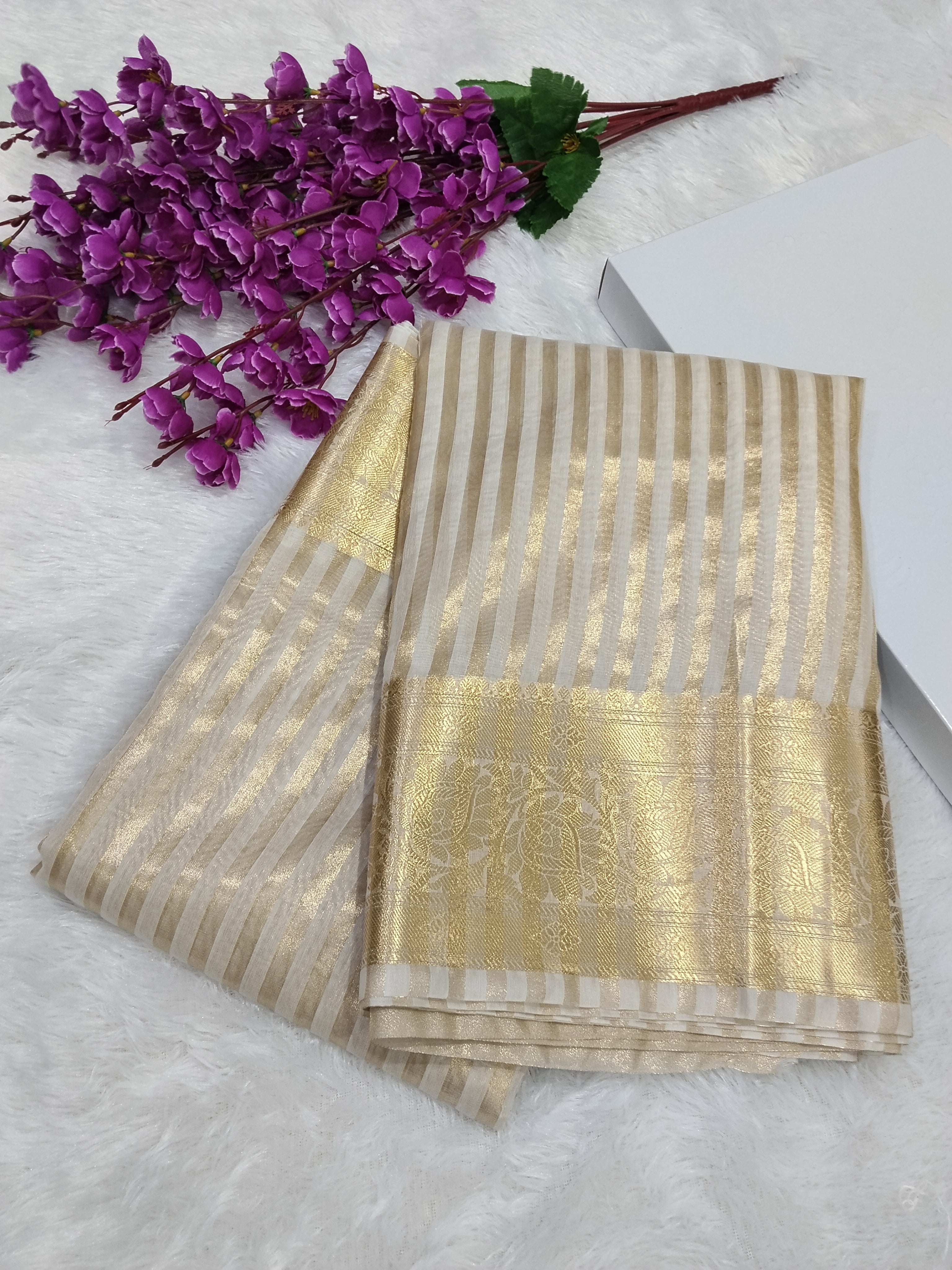 Off White Banarasi Fancy Cotton Saree With Strip Zari And Brocade Blouse