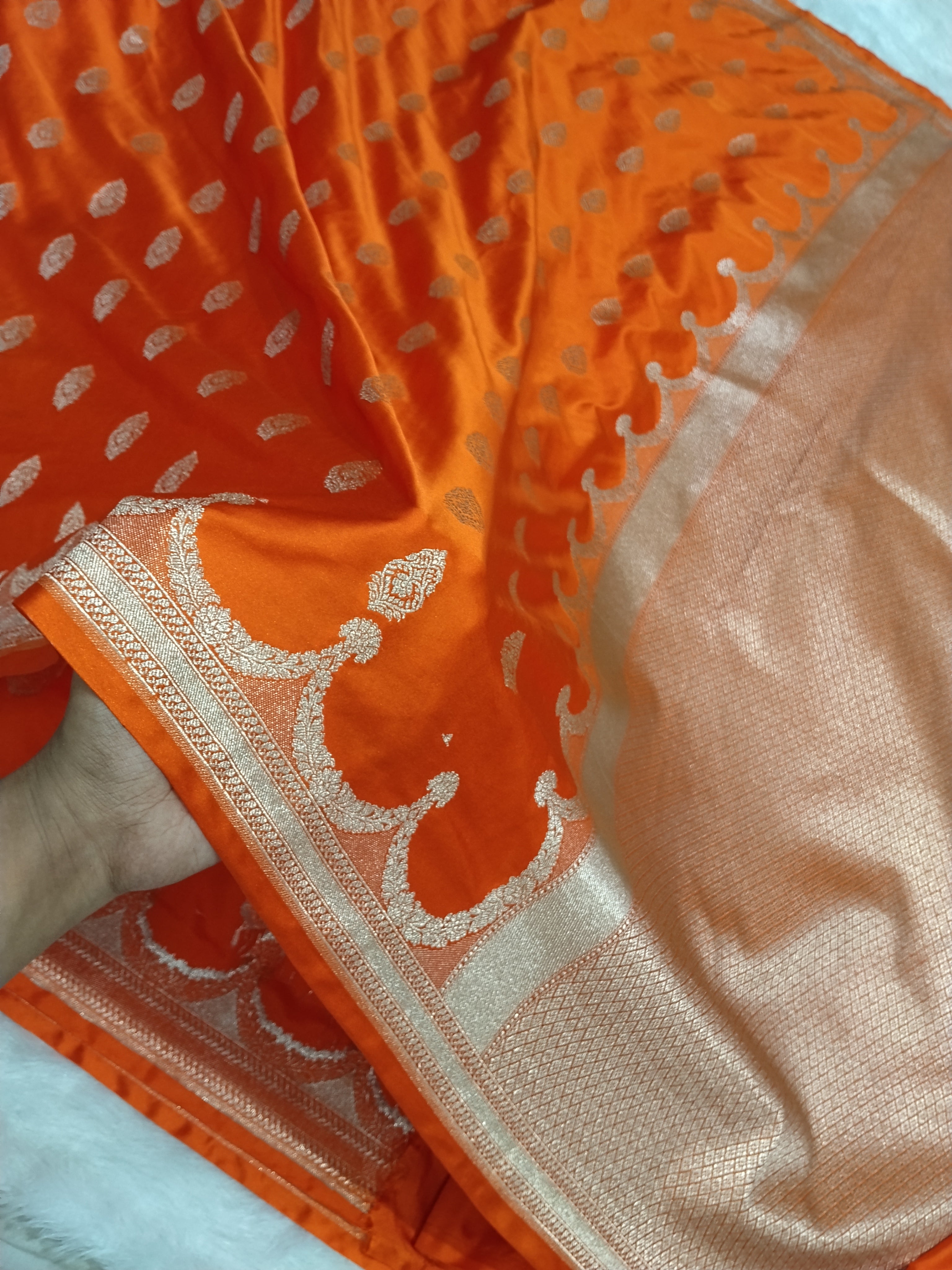 Fanta Orange Wedding Banarasi Mashru Silk Saree Buta Work