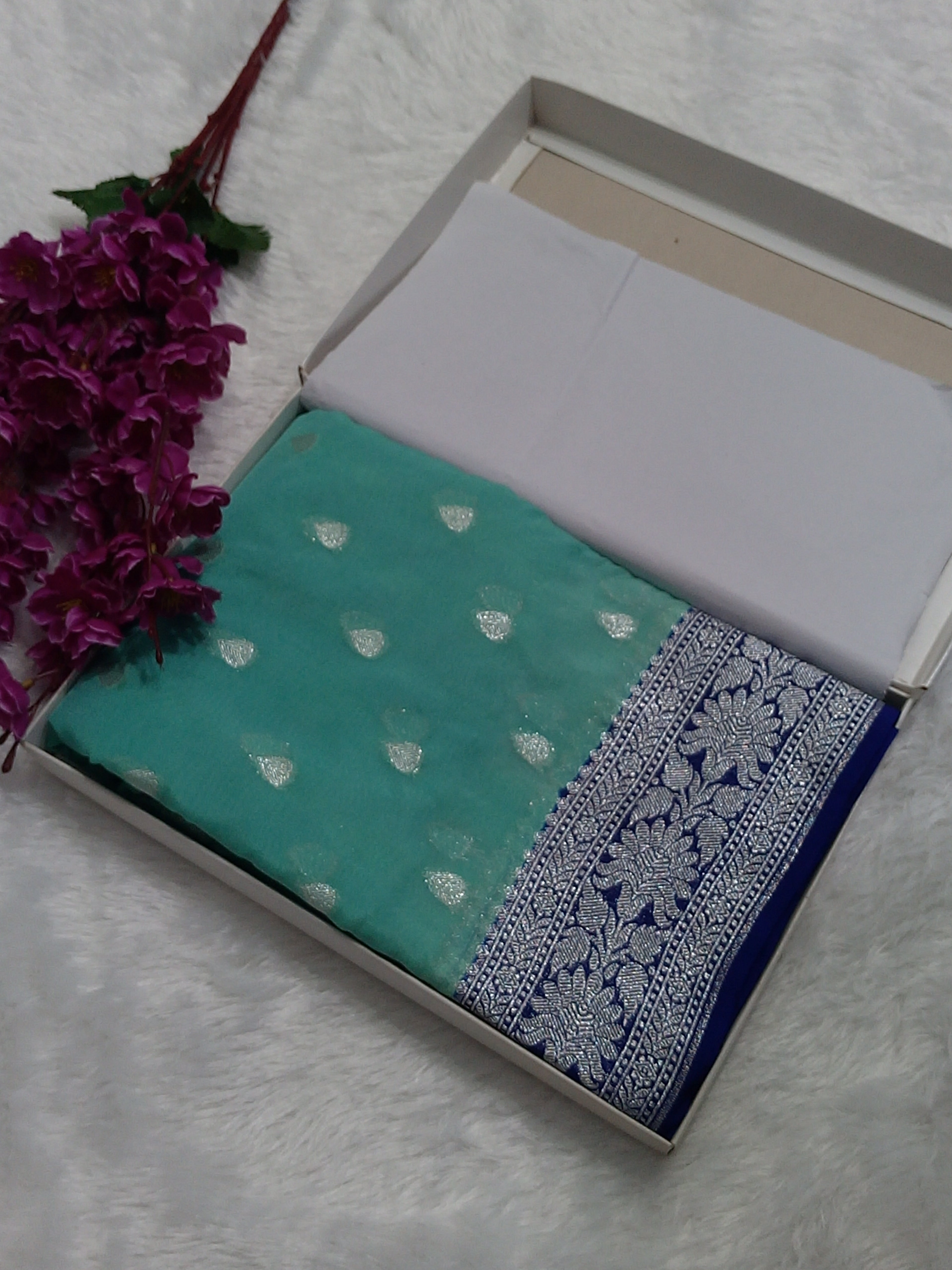 Sea Green And Blue Colour Zari Buti Khaddi Georgette Saree