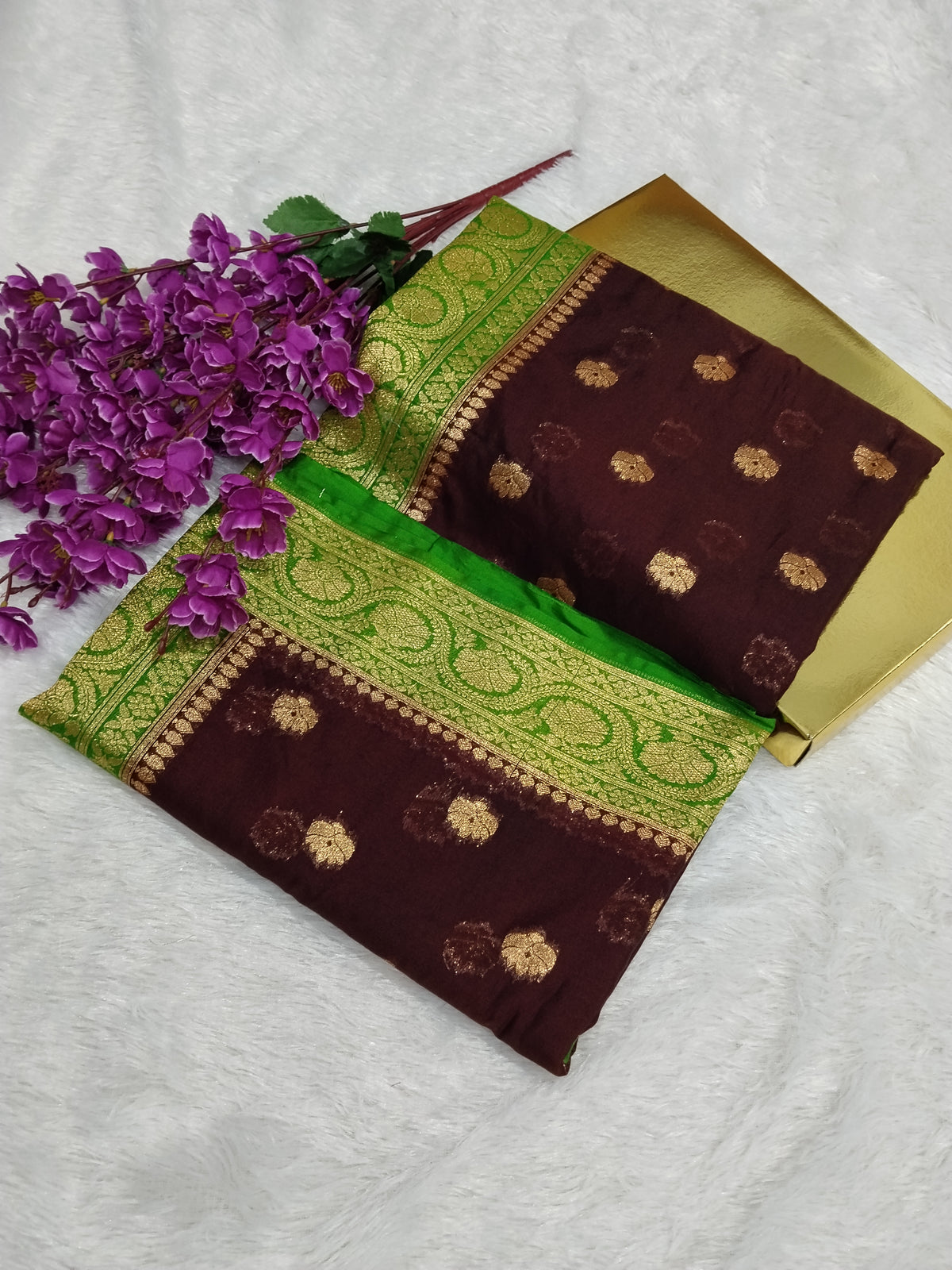 Coffee Brown And Parrot Colour Banarasi Khaddi Georgette Saree Small Buti