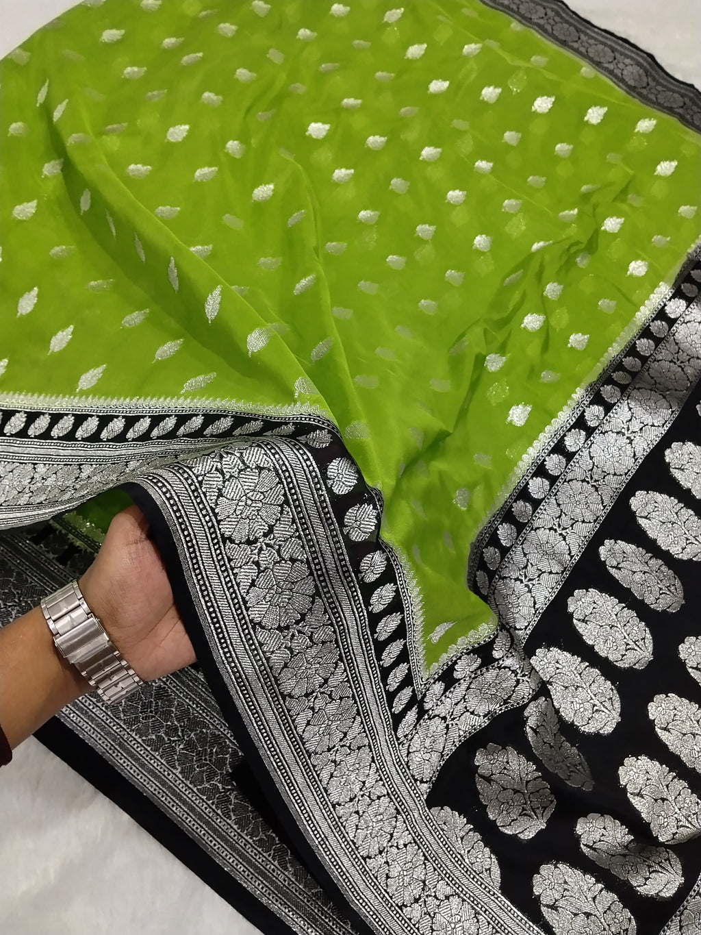 Parrot Green And Black Colour Banarasi Khaddi Georgette Saree