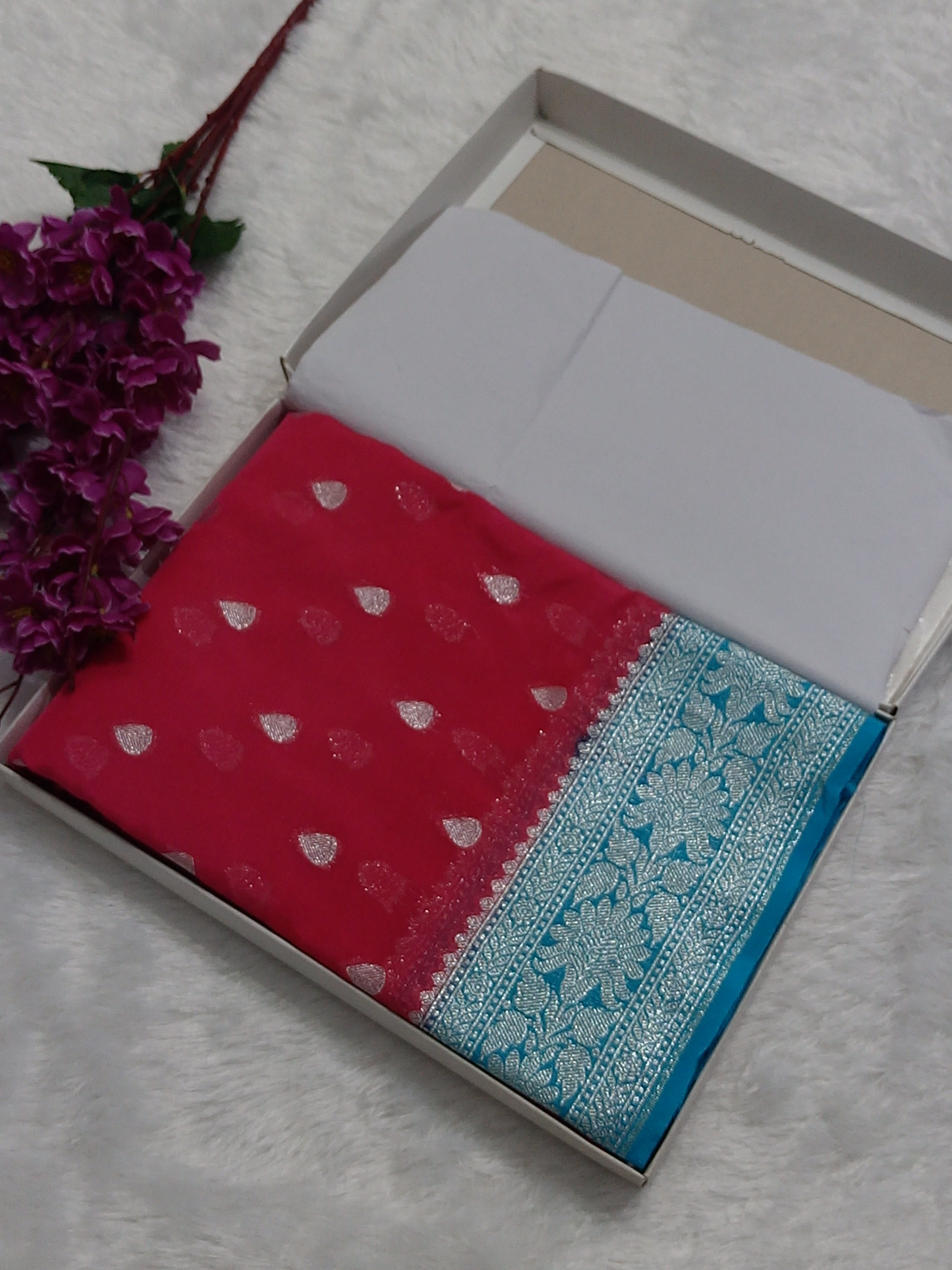 Red And Blue Colour Zari Buti Khaddi Georgette Saree