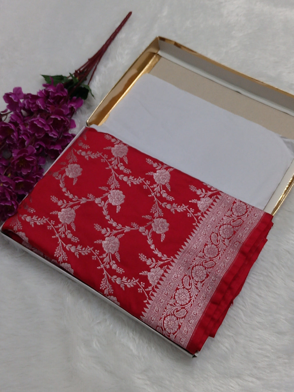 Light Red Banarasi Mashru Silk Saree