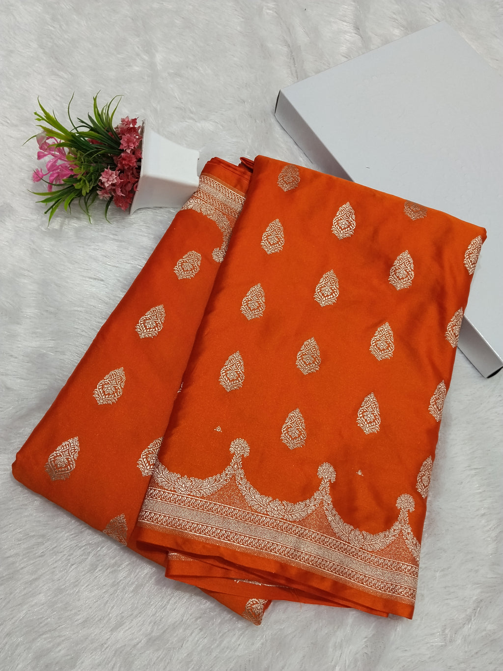 Fanta Orange Wedding Banarasi Mashru Silk Saree Buta Work