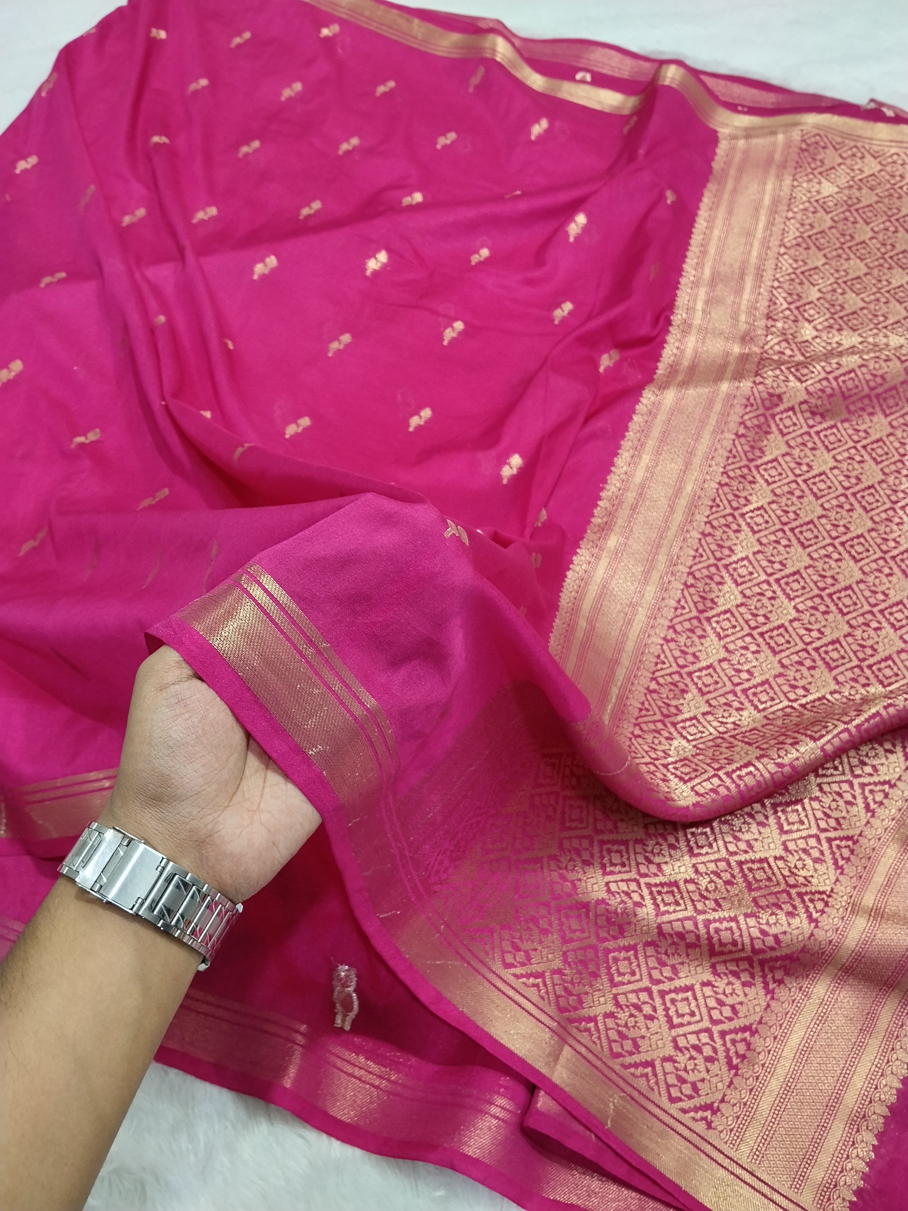 Rani Pink Colour Zari Buti Khaddi Georgette Saree