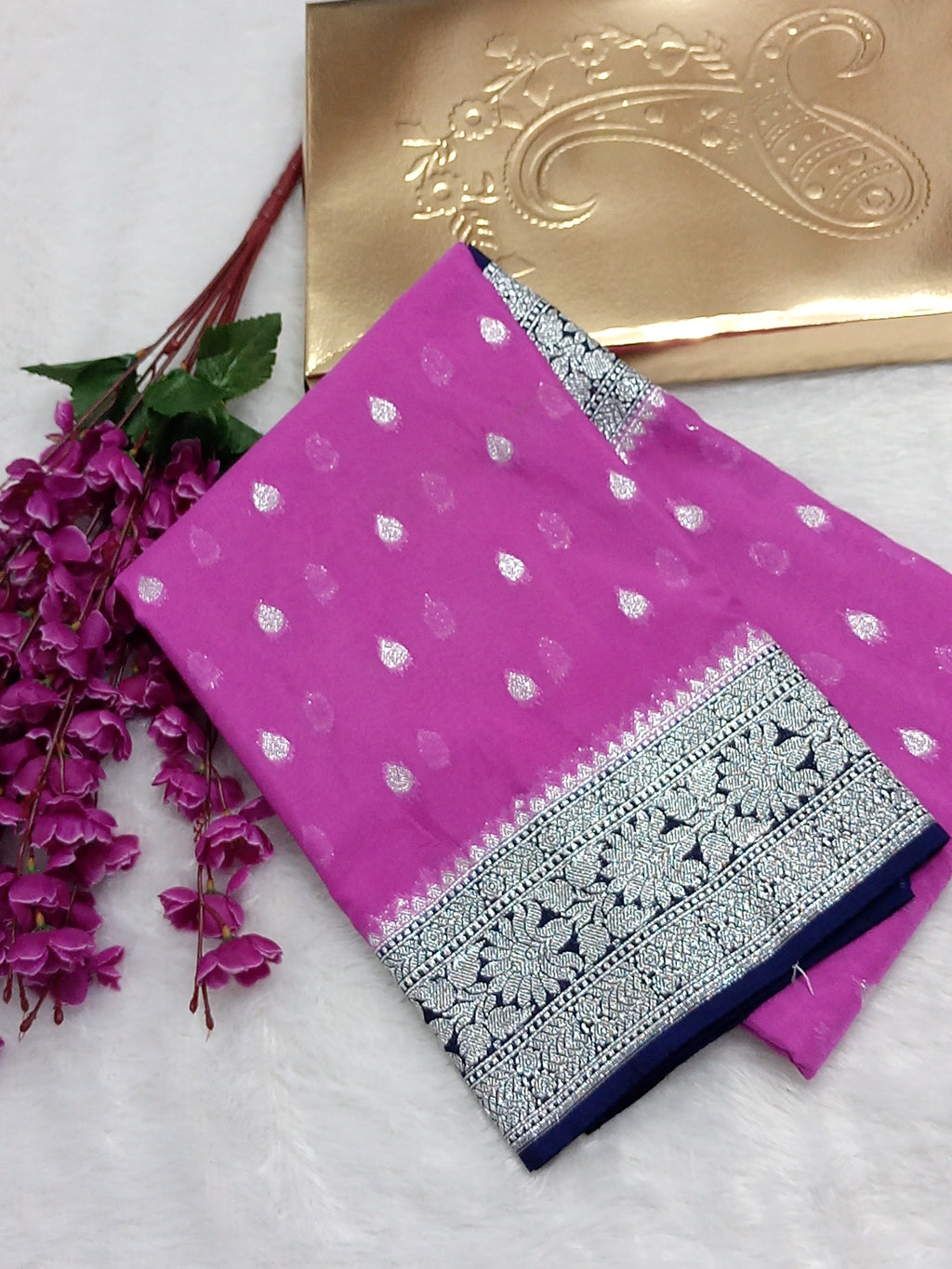 Pink And Navy Blue Semi Georgette Saree