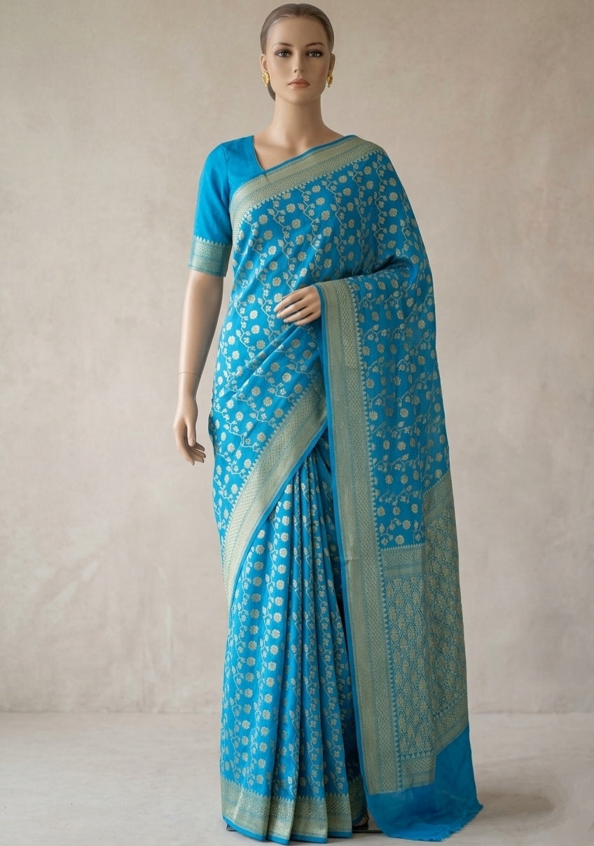 Sky Blue Colour Handloom Pure Banarasi Khaddi Georgette Saree Water Zari