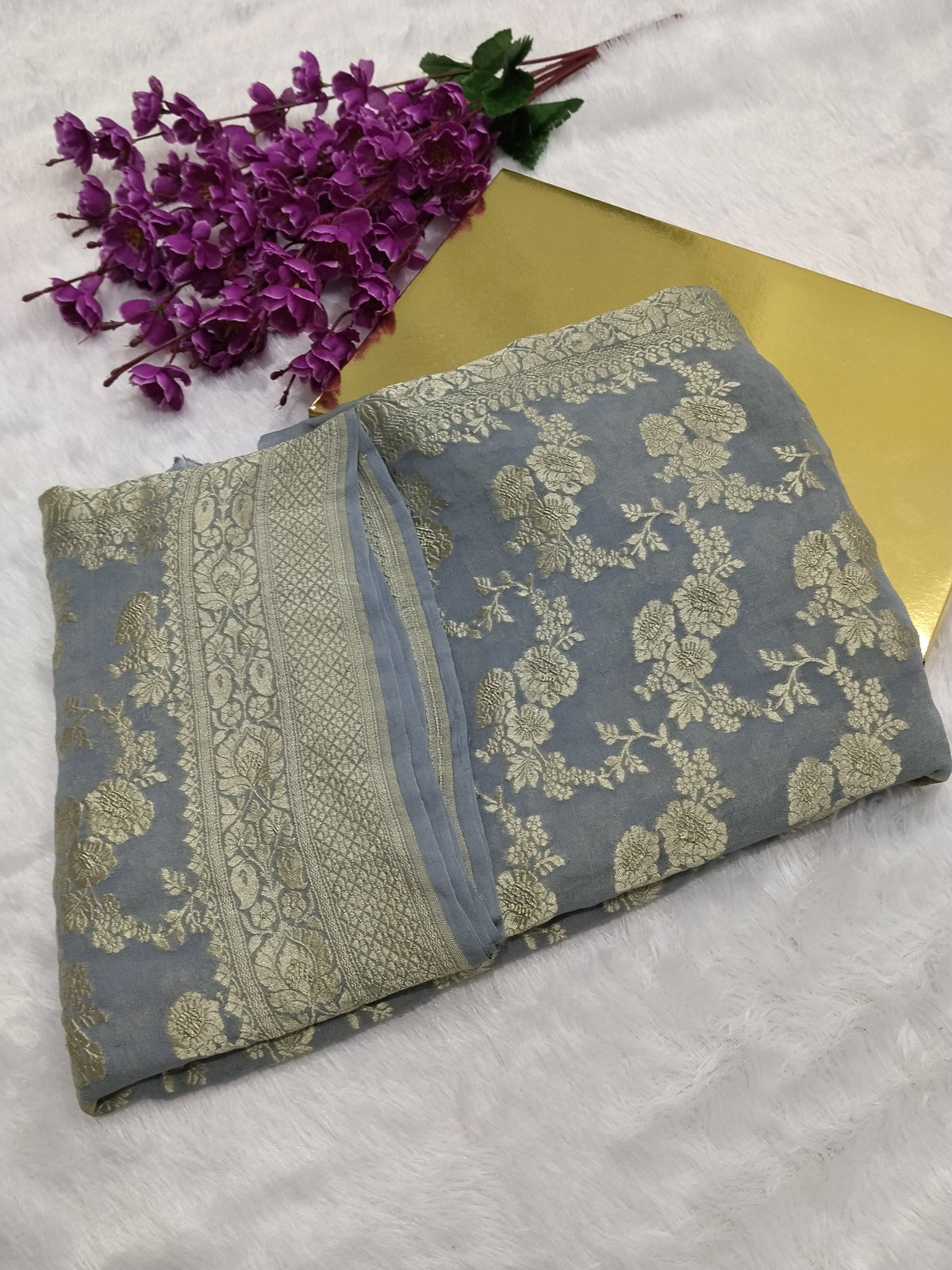 Grey Colour Handloom Pure Banarasi Khaddi Georgette Saree Water Zari