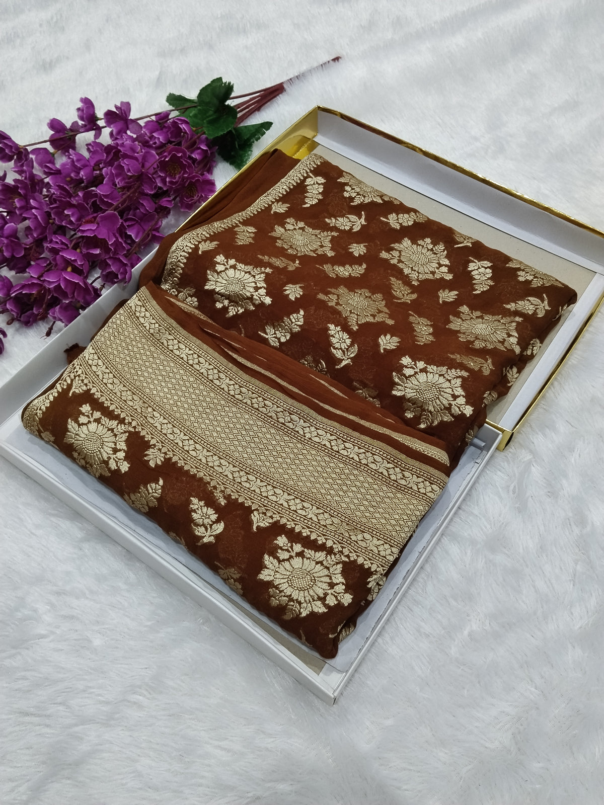 Dark Brown Colour Handloom Pure Banarasi Khaddi Georgette Saree Water Zari