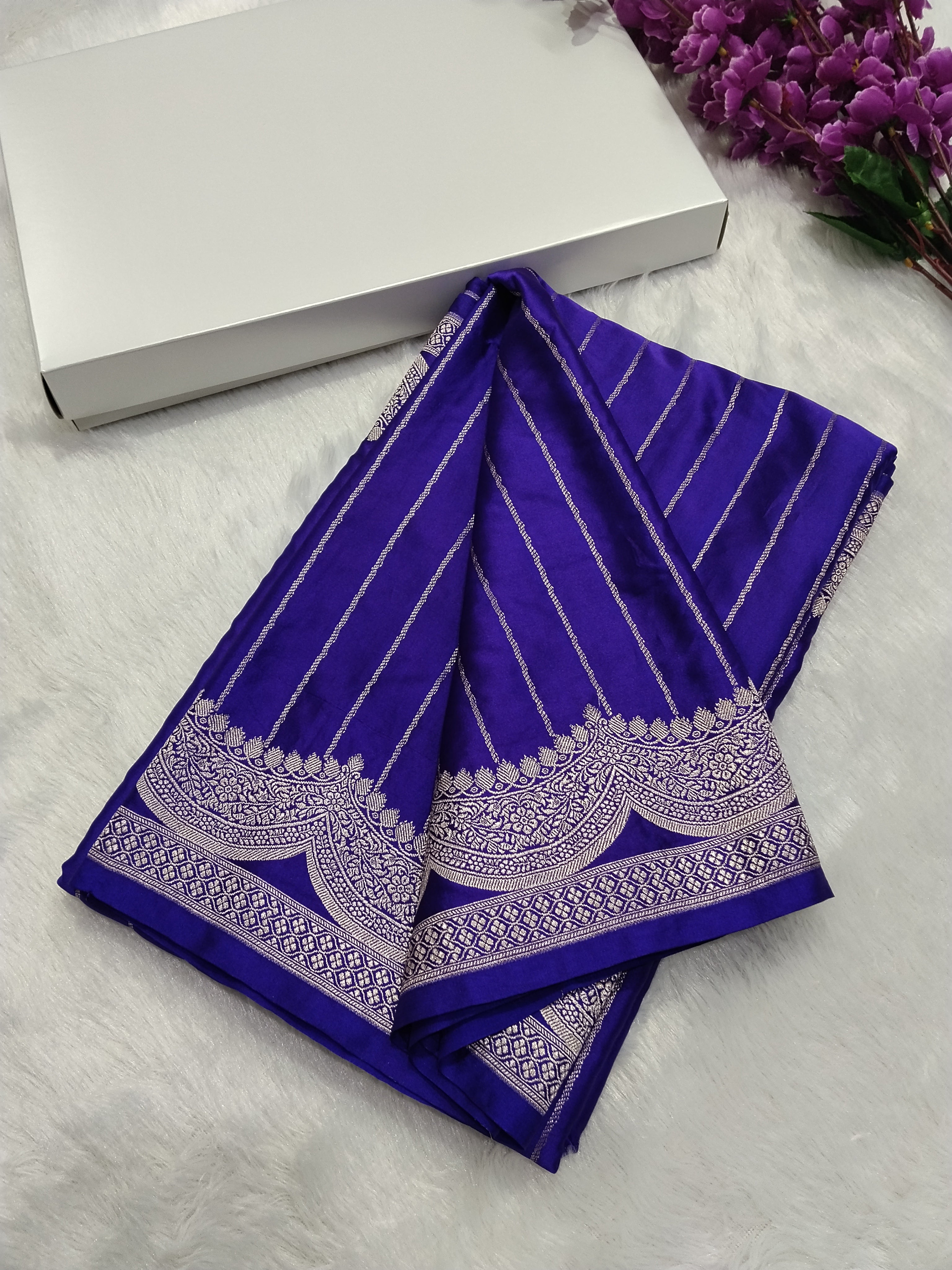 Violet Colour Banarasi Mashru Silk Saree With Strip Design