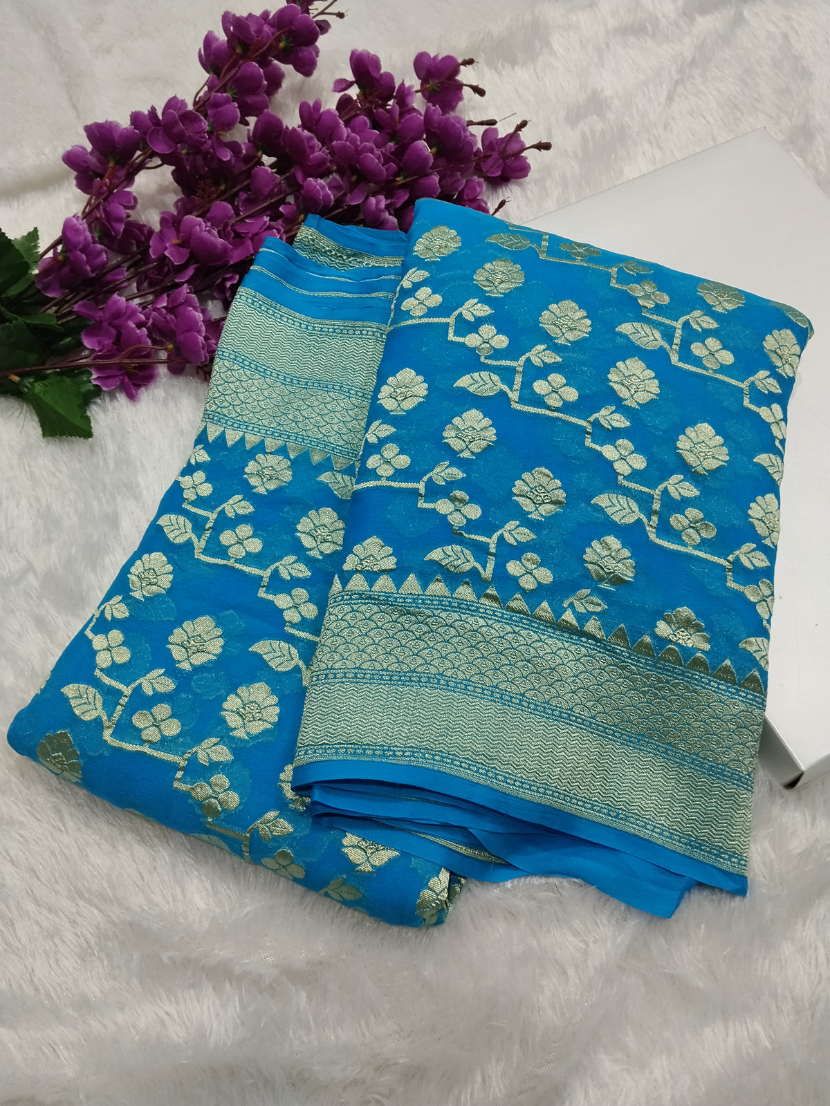 Sky Blue Colour Handloom Pure Banarasi Khaddi Georgette Saree Water Zari