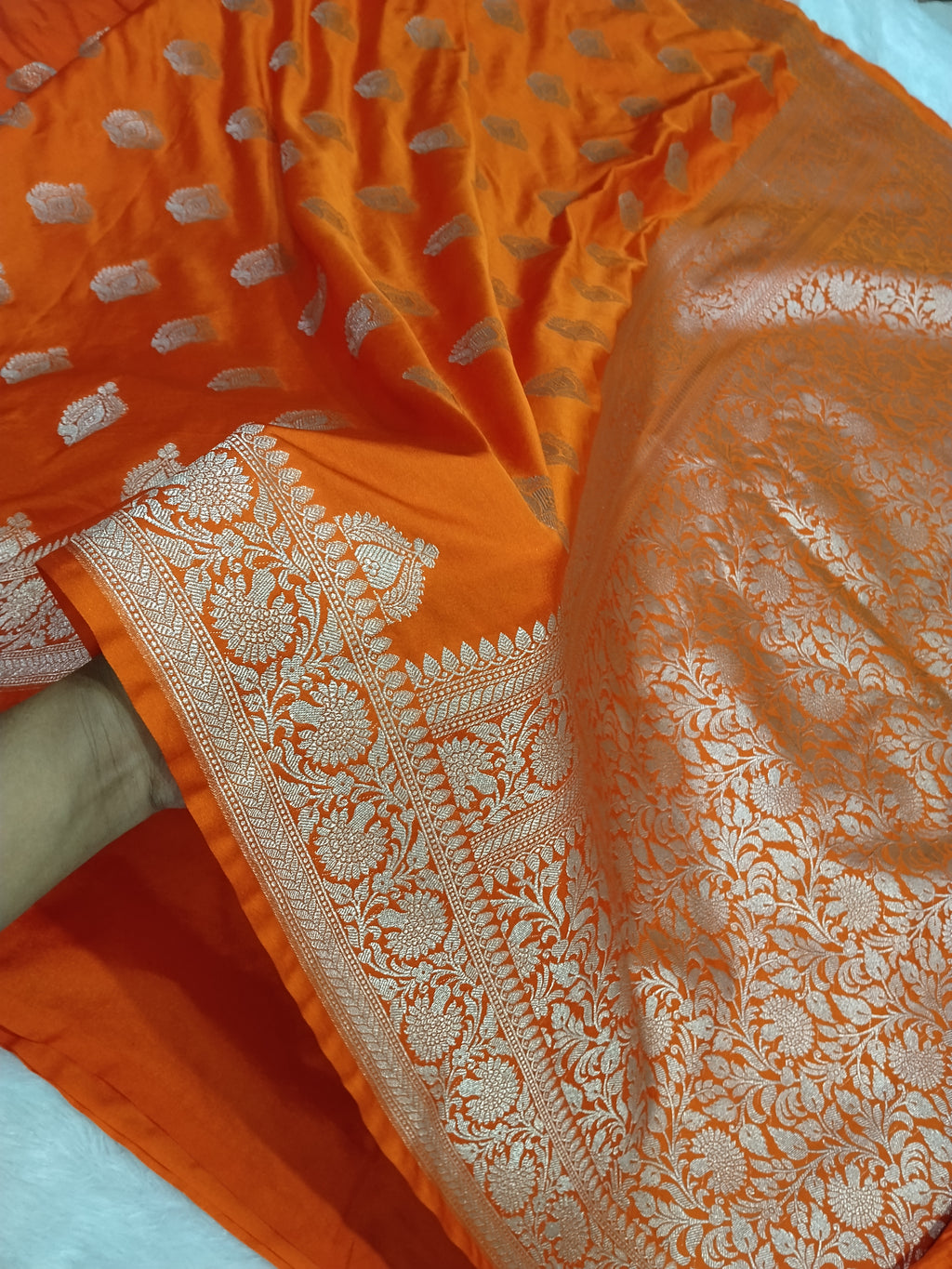 Fanta Orange Wedding Banarasi Mashru Katan Silk Saree Buta Work