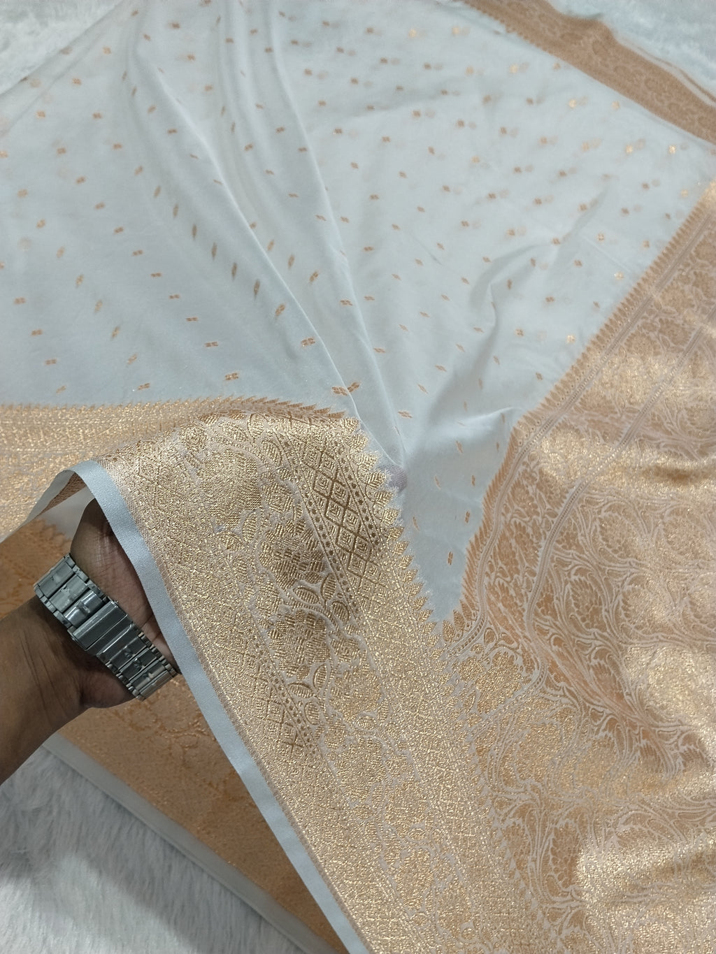 Cream Colour Banarasi Khaddi Georgette Saree