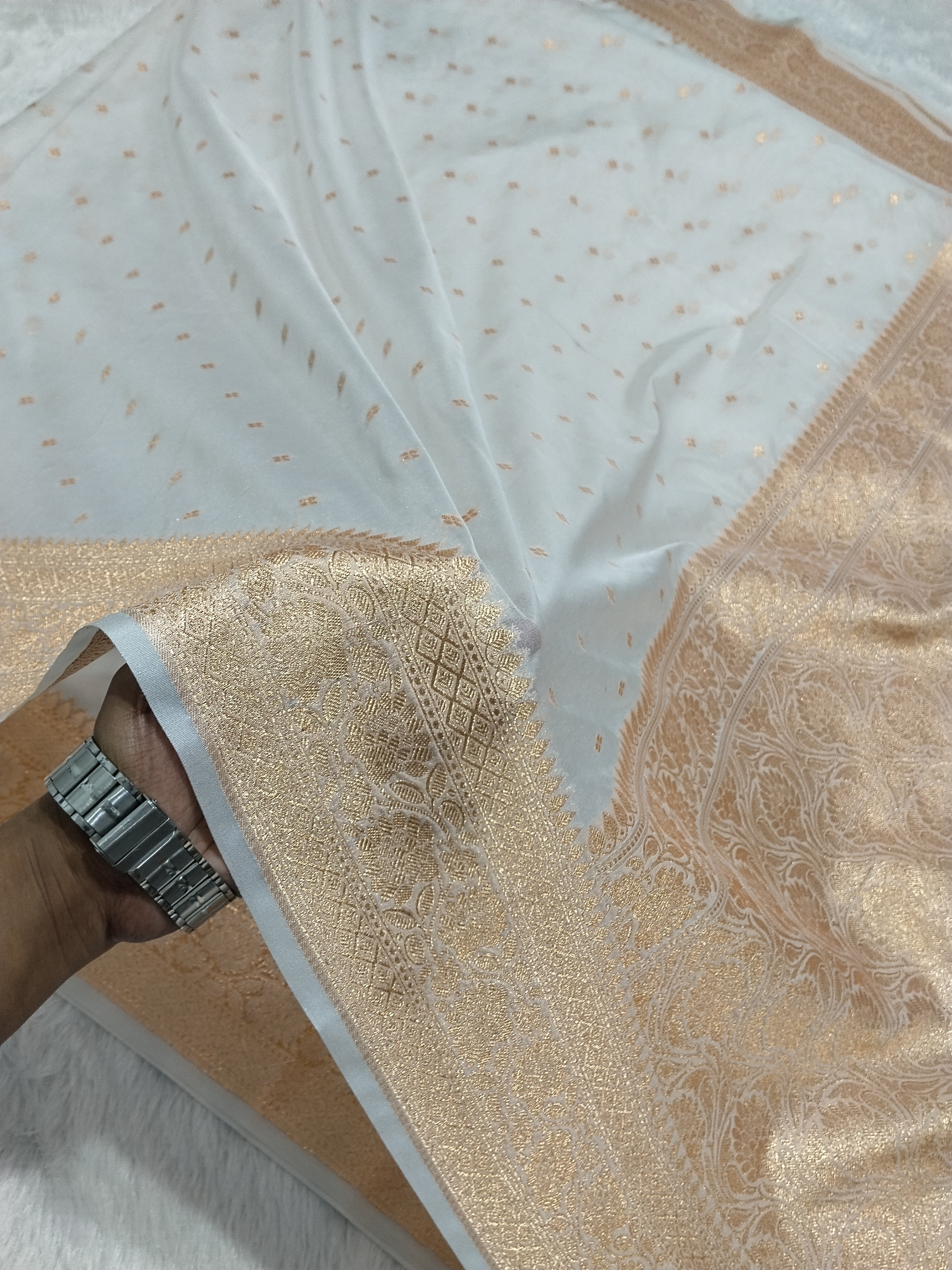 Cream Colour Banarasi Khaddi Georgette Saree