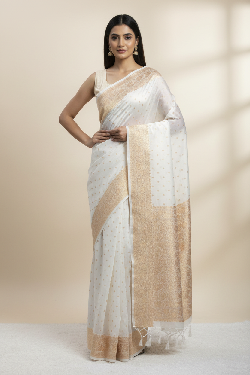 Cream Colour Banarasi Khaddi Georgette Saree