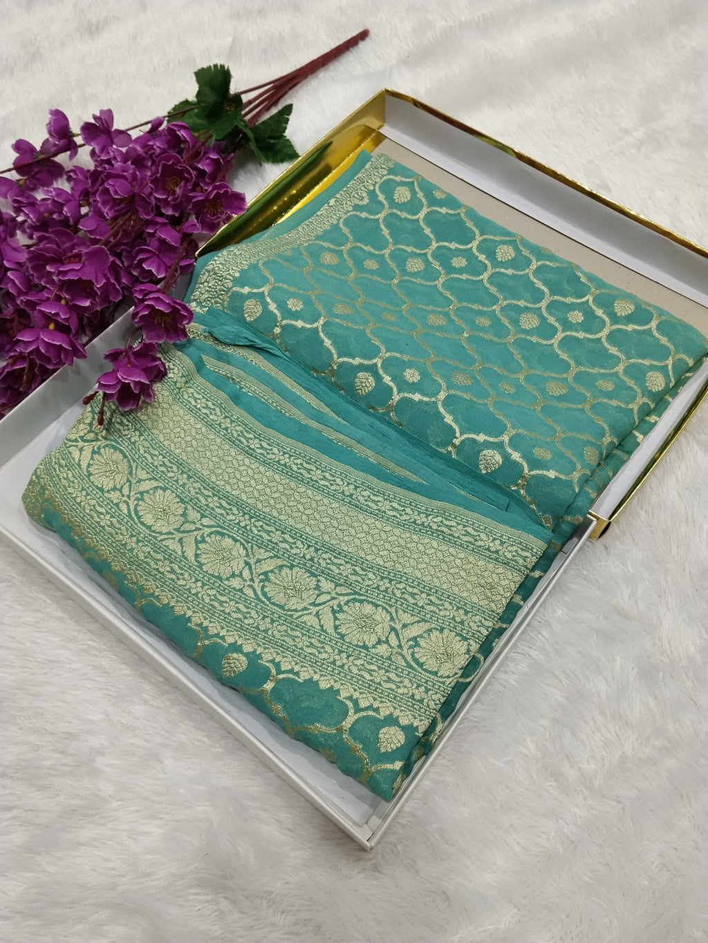 Dark Sea Green Colour Handloom Pure Banarasi Khaddi Georgette Saree Water Zari