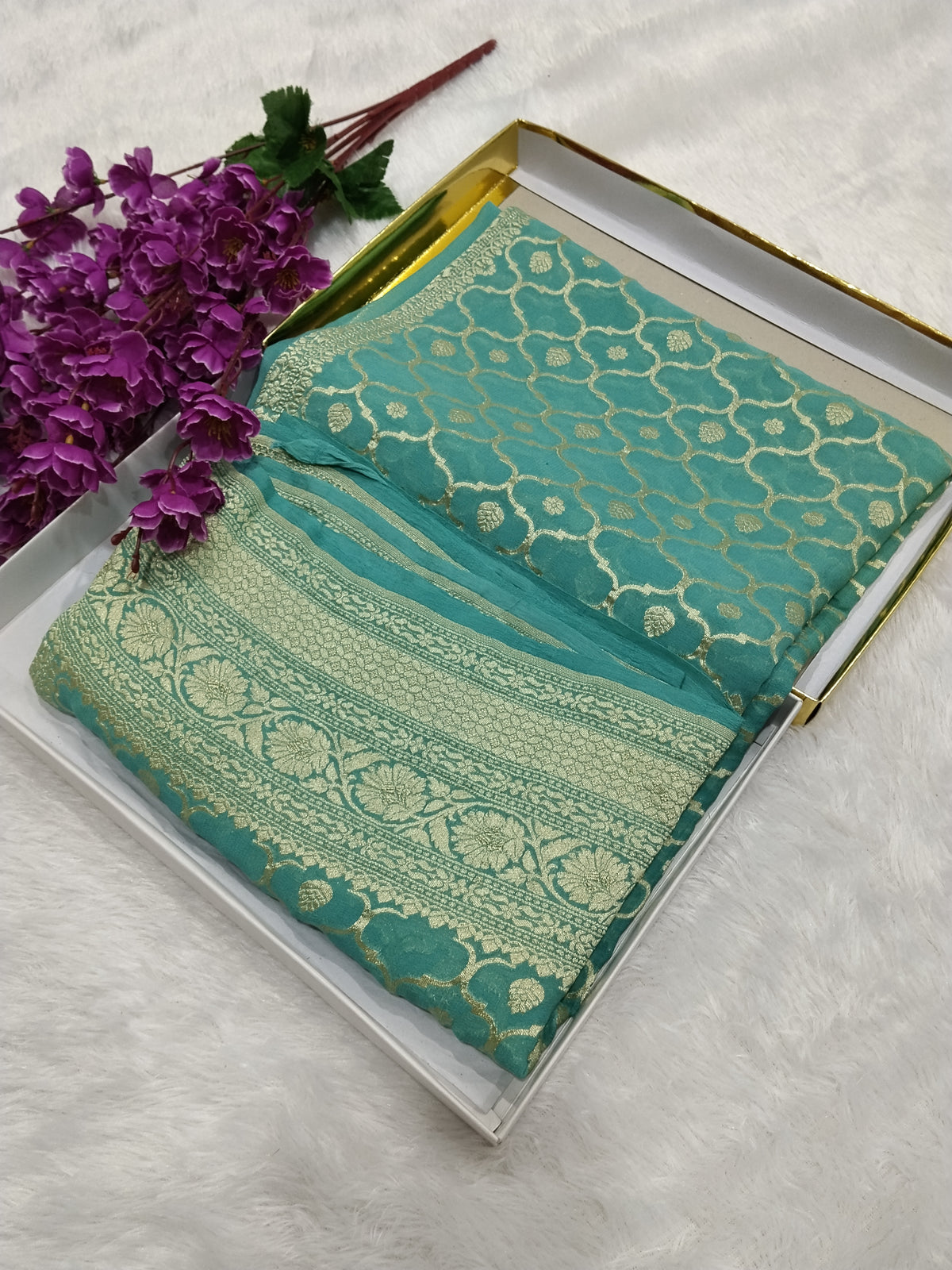 Dark Sea Green Colour Handloom Pure Banarasi Khaddi Georgette Saree Water Zari