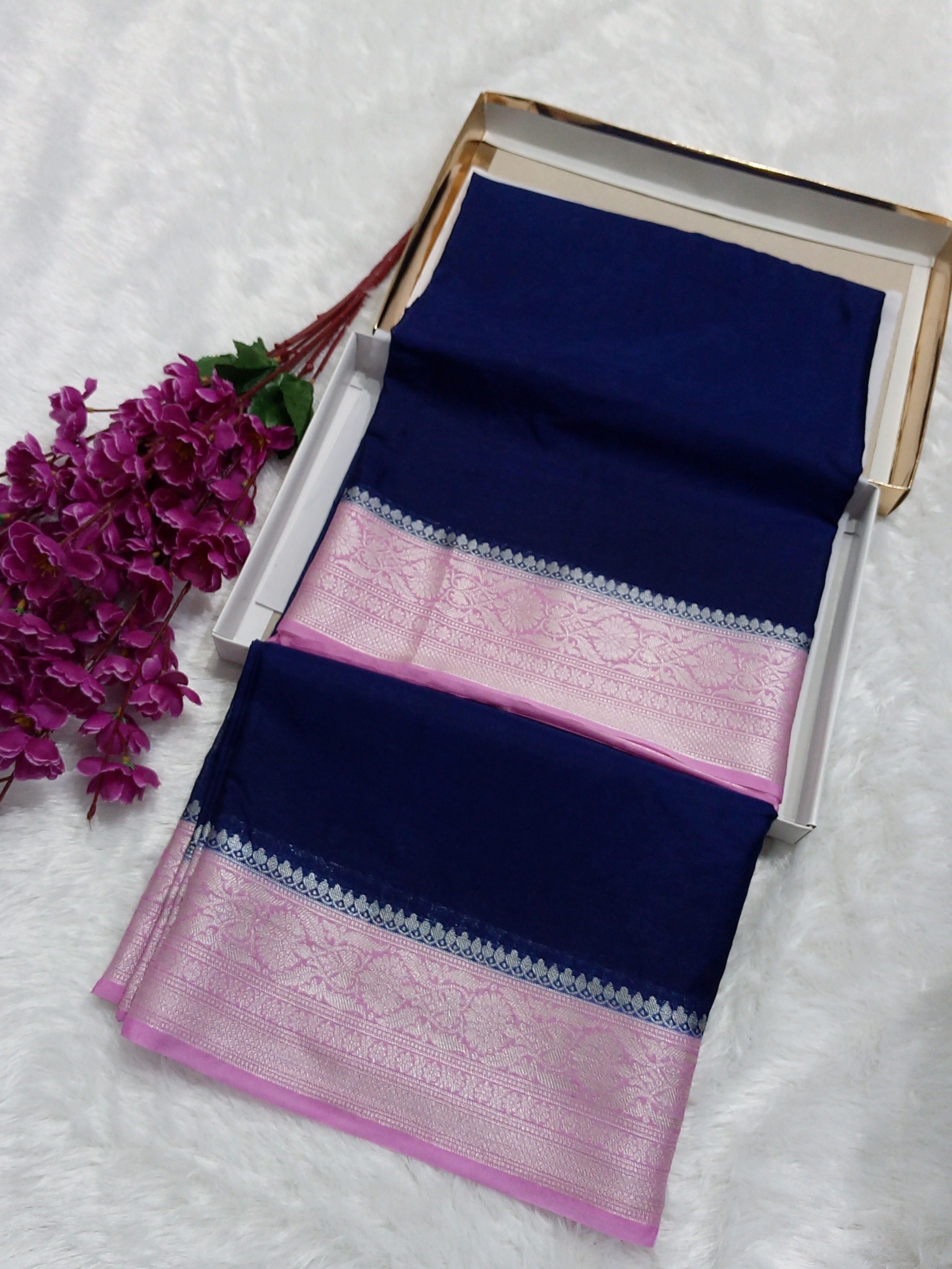 Navy Blue And Pink Colour Plain Body Warm Silk Saree