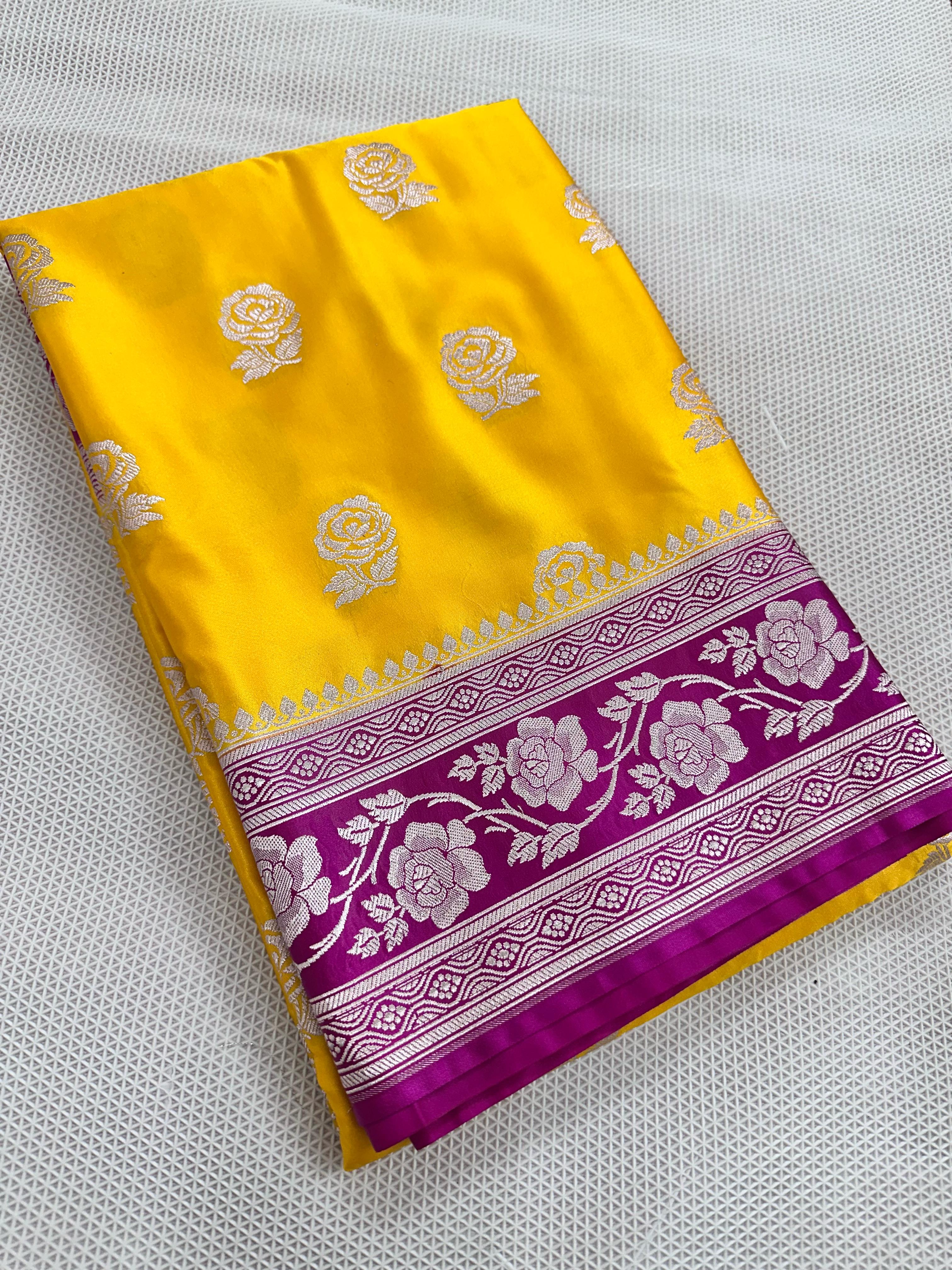 Yellow And Rani Pink Colour Banarasi Mashru Silk Saree