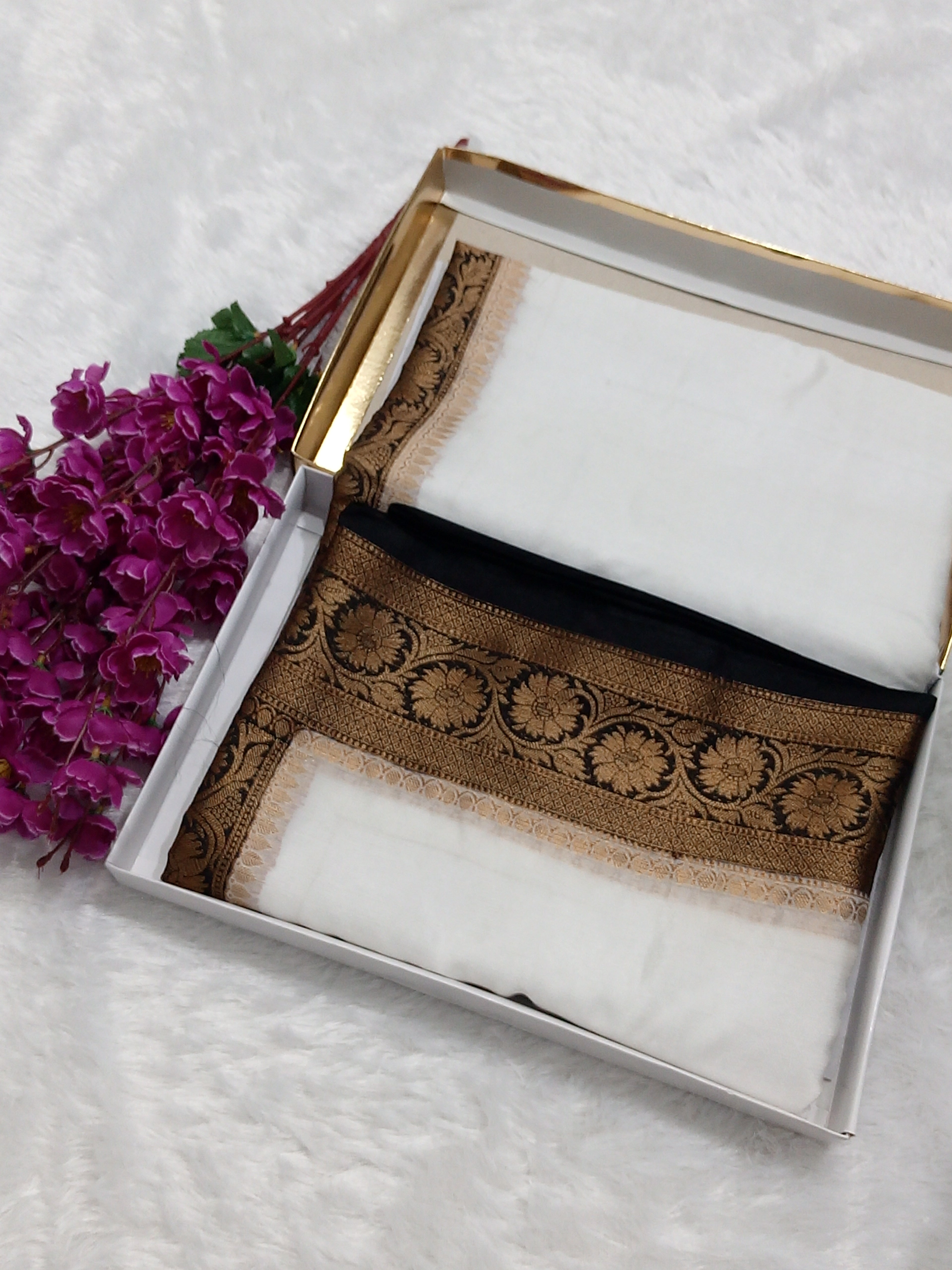 White And Black Colour Plain Body Warm Silk Saree