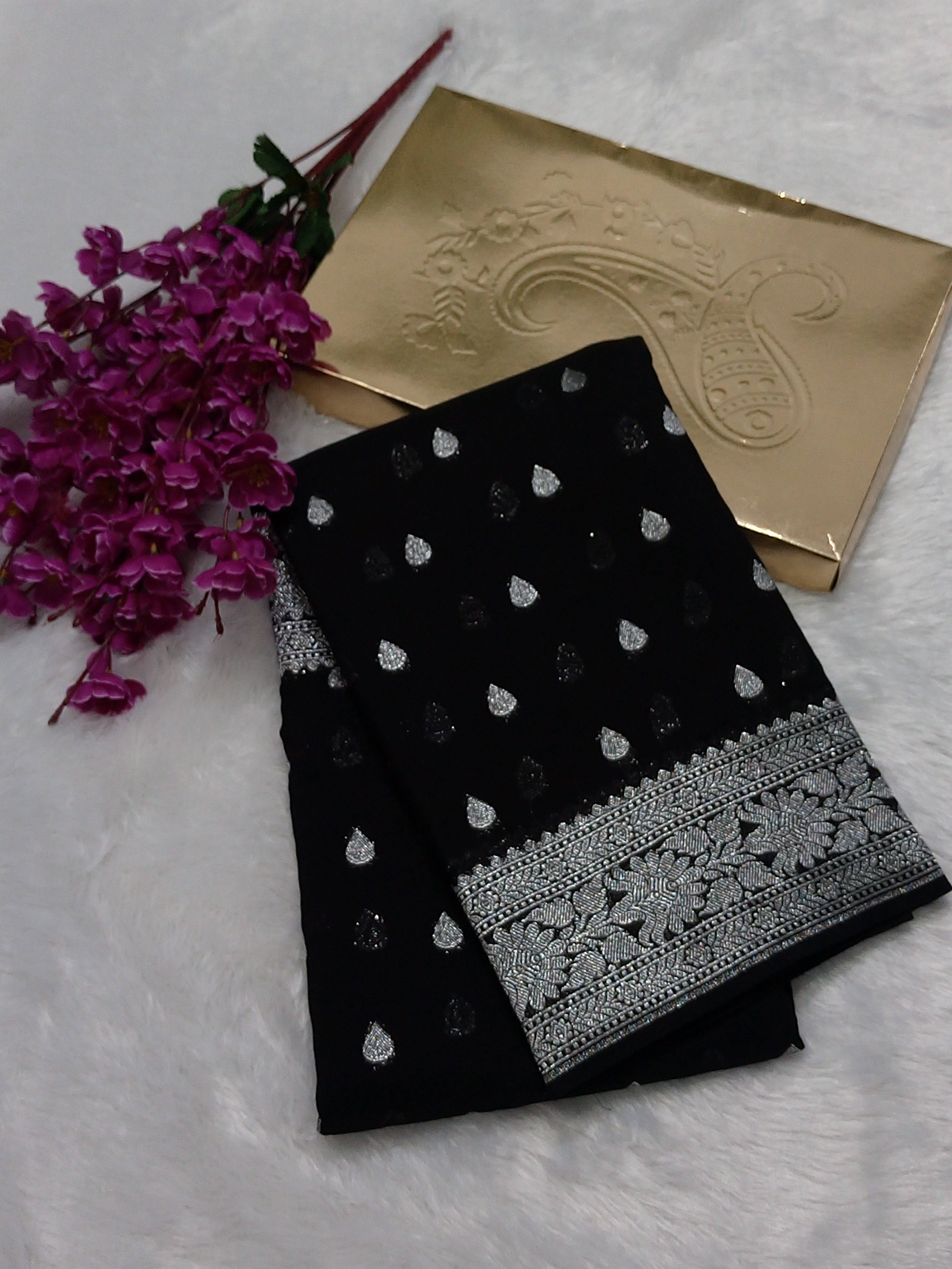 Full Black Colour Zari Buti Khaddi Georgette Saree