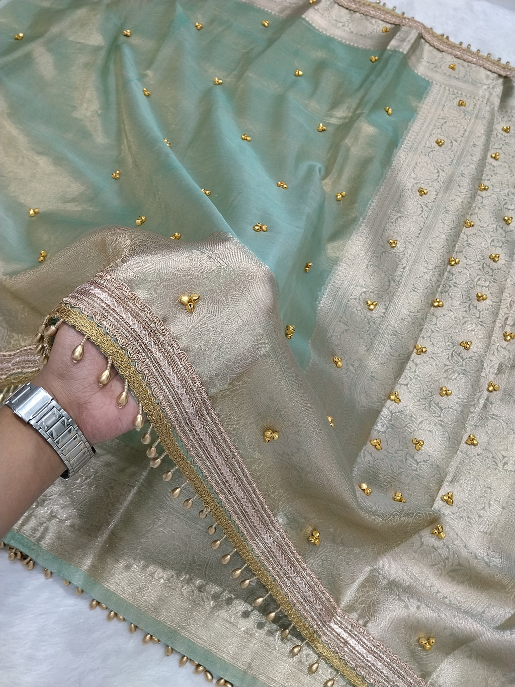 Viral Ghungroo Saree Light Sea Green Colour Tissue Plain Body Saree With Ghungroo And Gota Patti Work