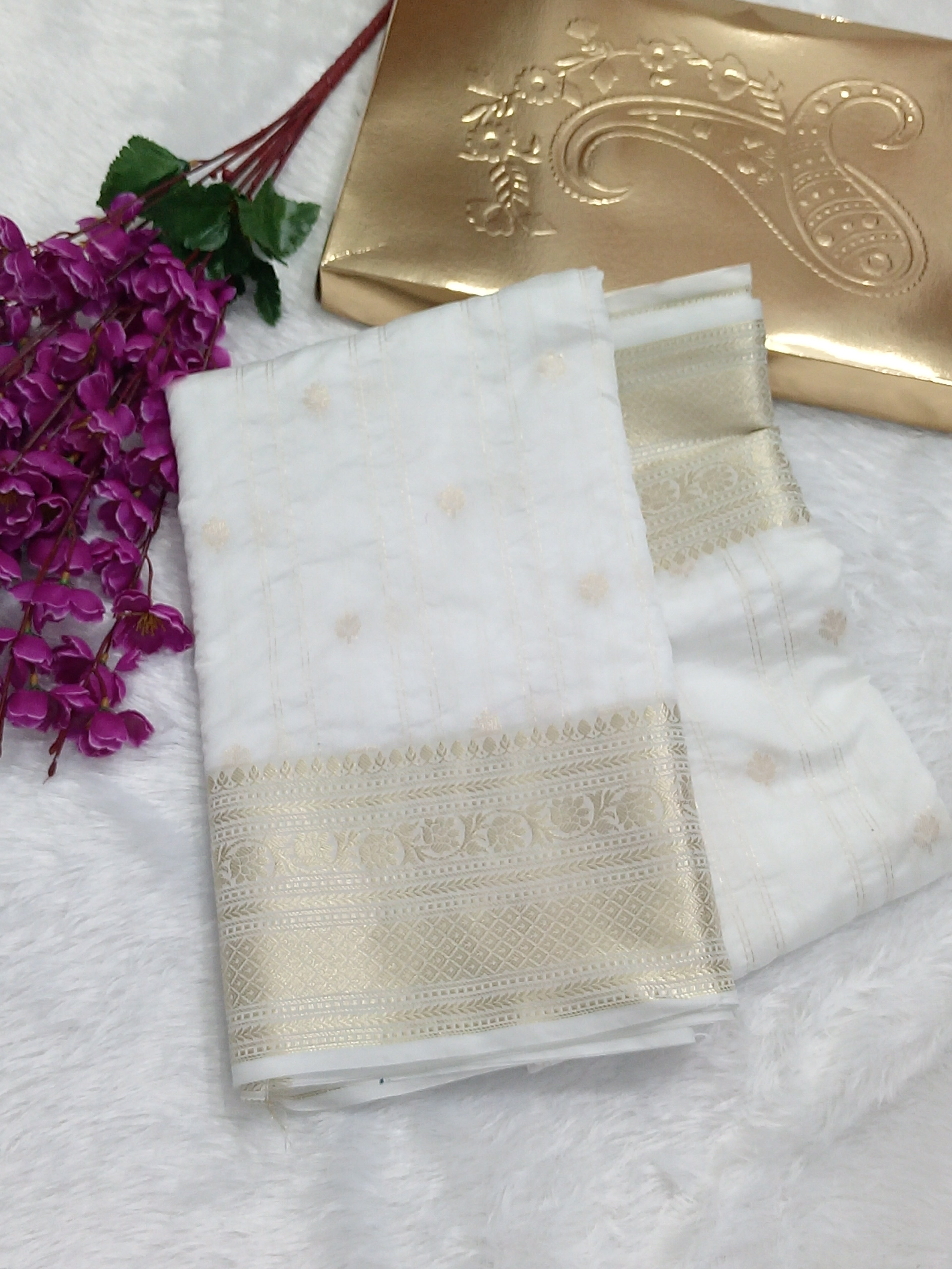 Golden Zari White Moonga Silk Saree