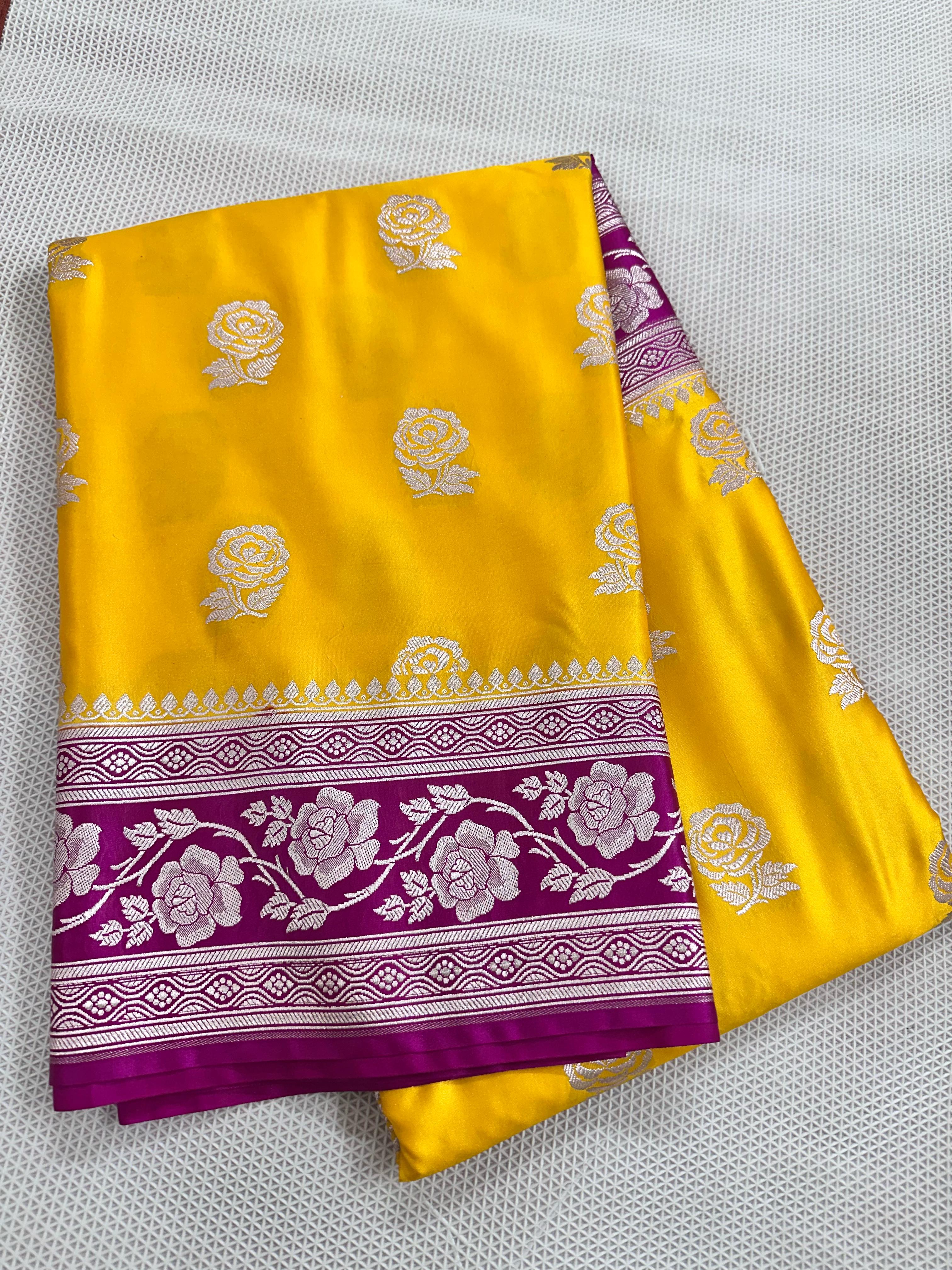 Yellow And Rani Pink Colour Banarasi Mashru Silk Saree