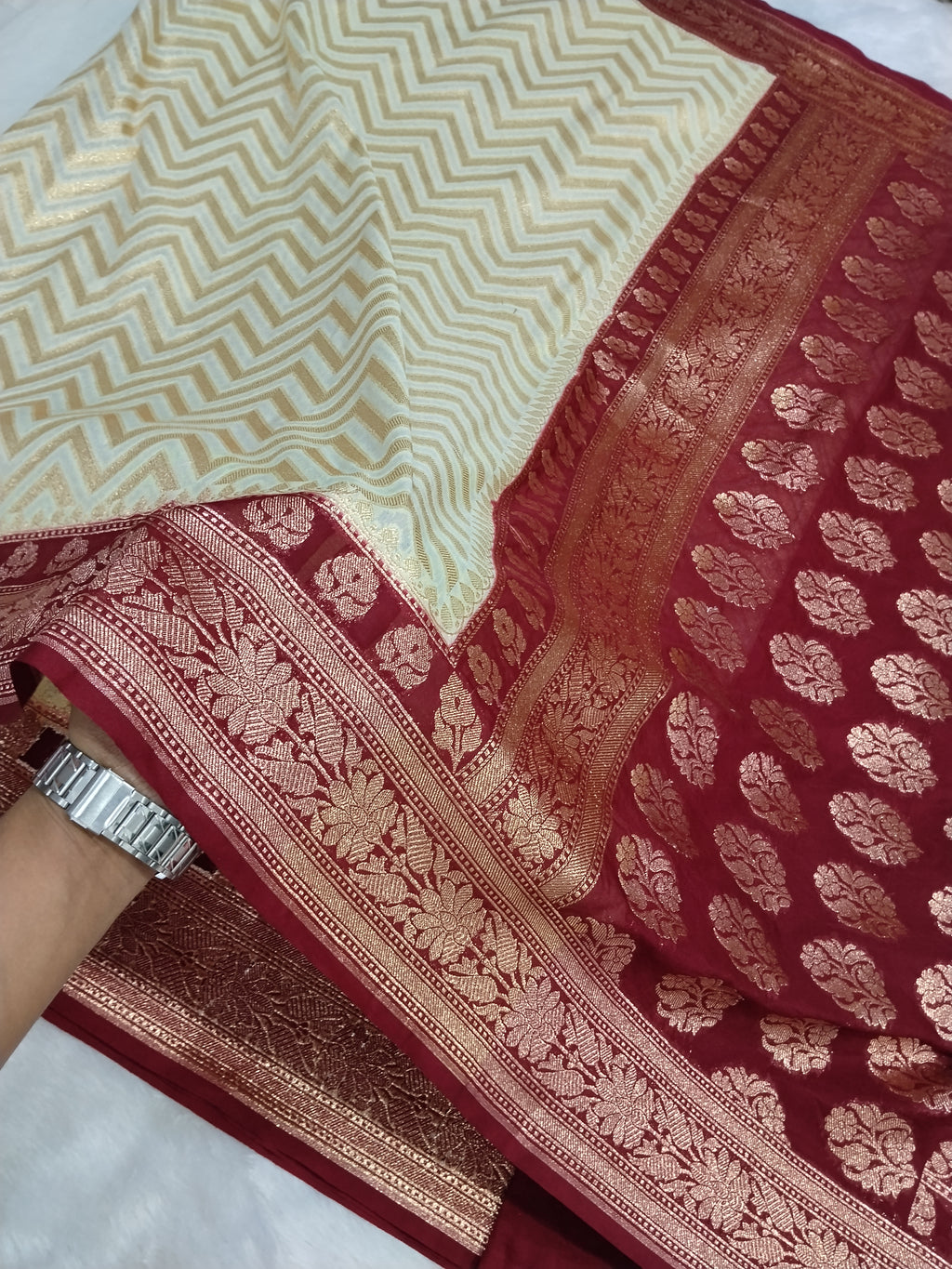 Cream And Maroon Colour Banarasi Khaddi Georgette Saree Golden Zari