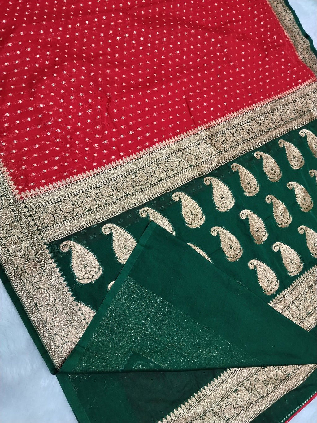 Red And Bottle Green Gold Zari Khaddi Georgette Saree
