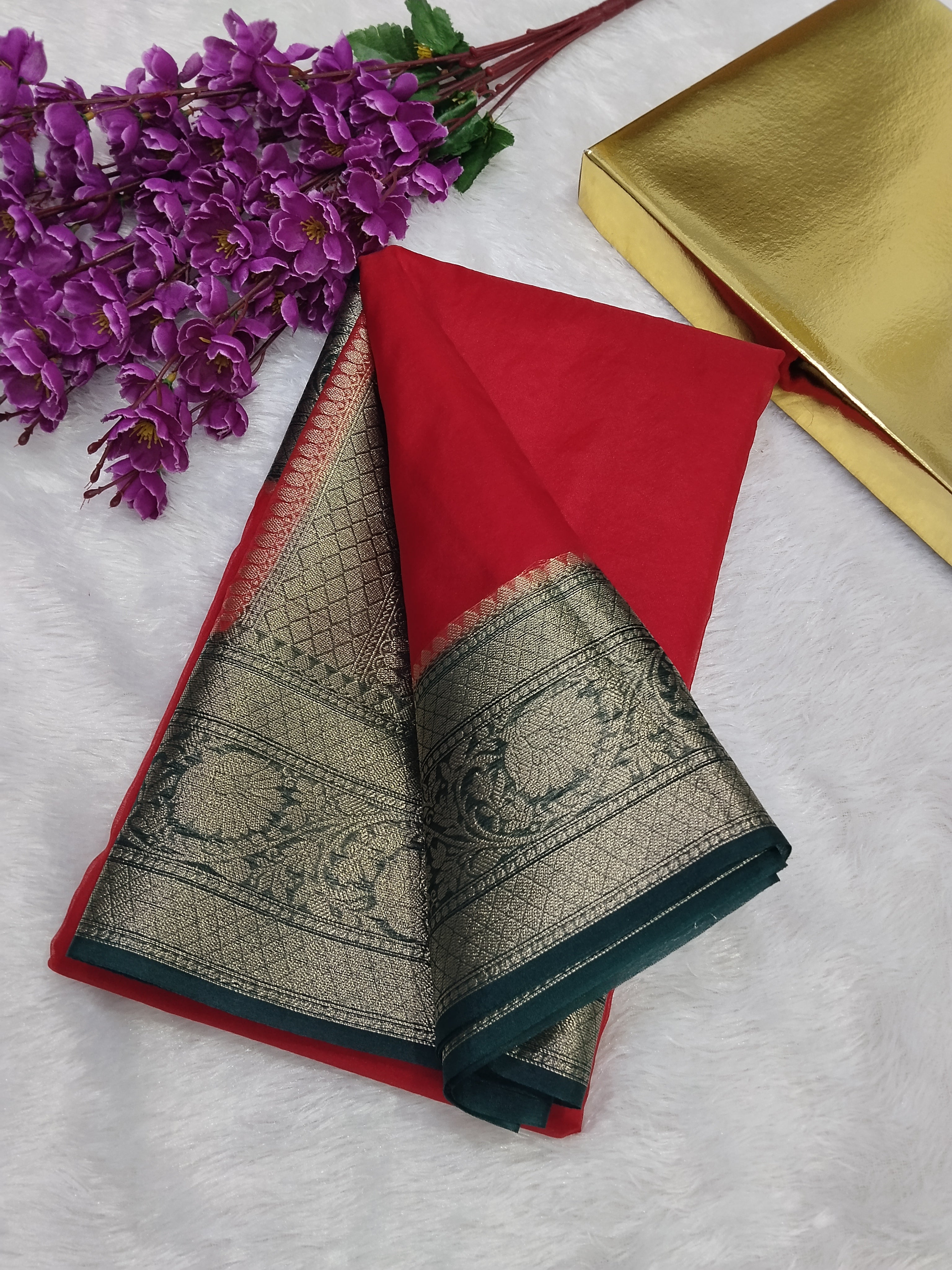 Red And Green Colour Banarasi Kora Organza Saree With Brocade Blouse