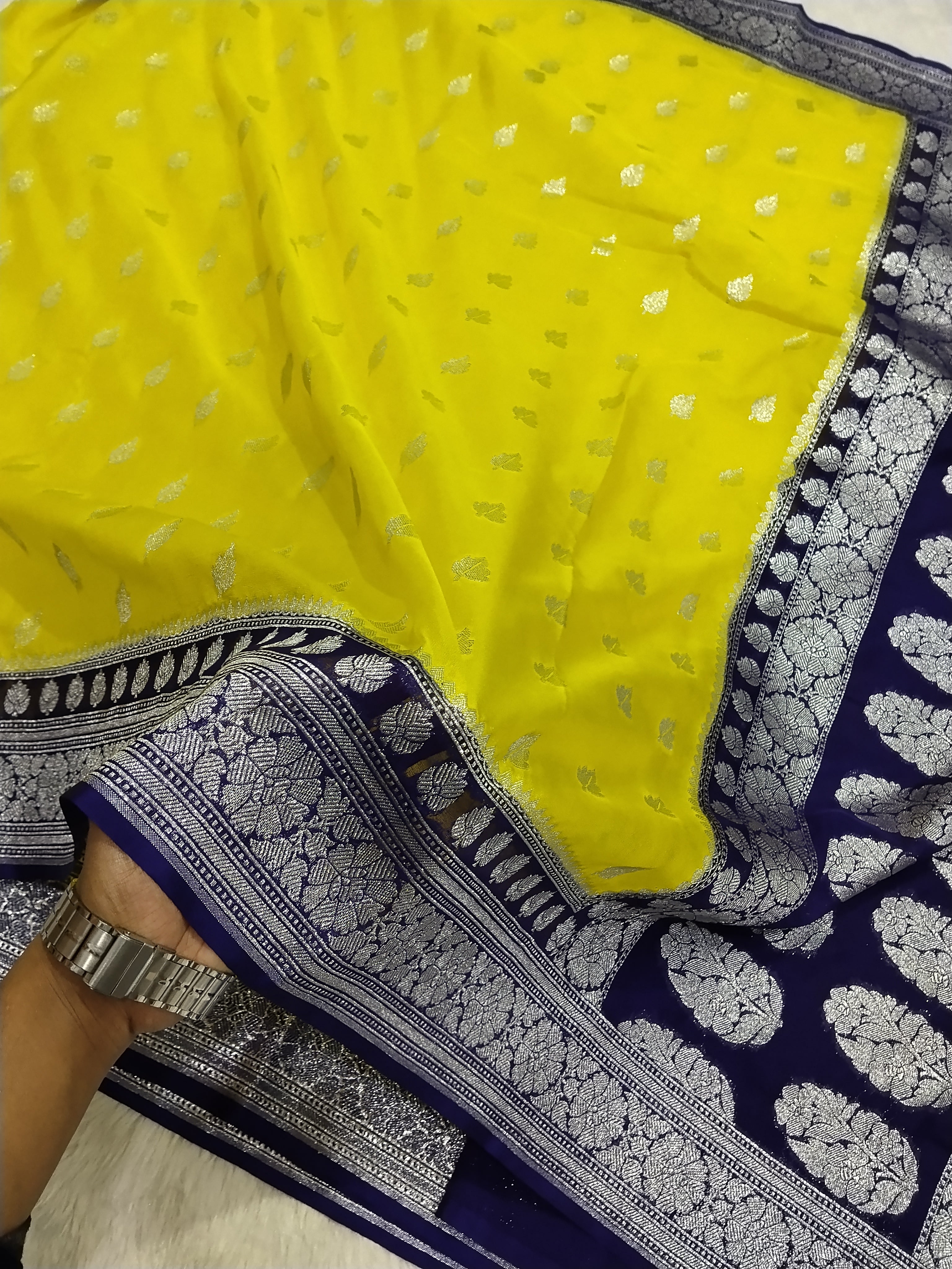 Lemon And Violet Colour Silver Zari Khaddi Georgette Saree