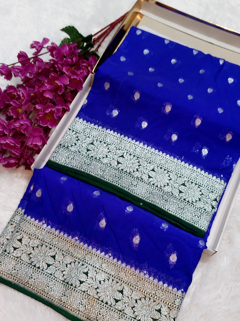 Green Border Blue Banarasi Khaddi Georgette Saree