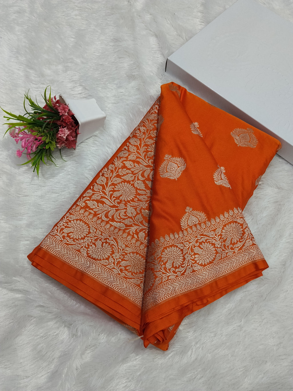 Fanta Orange Wedding Banarasi Mashru Katan Silk Saree Buta Work