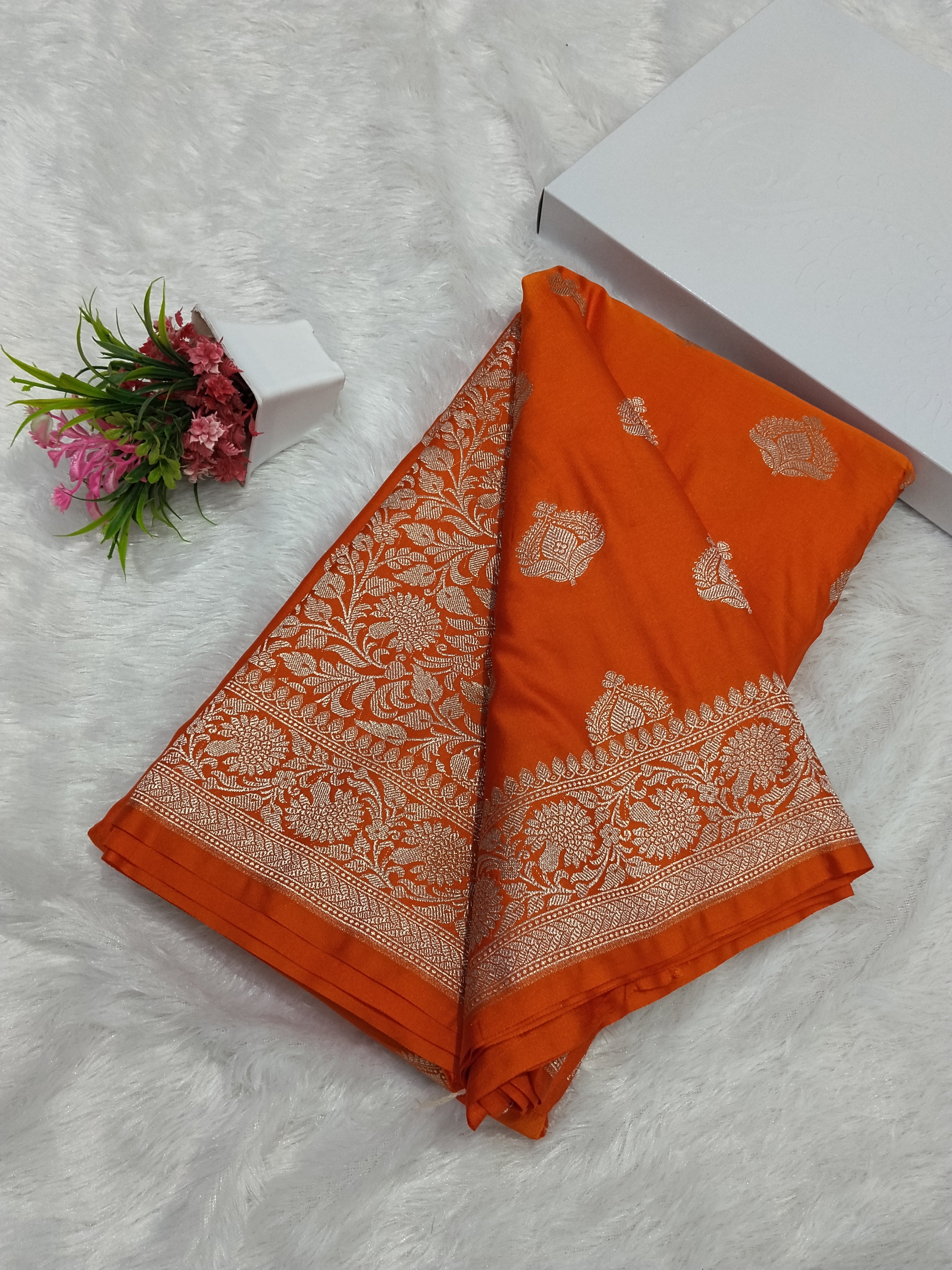 Fanta Orange Wedding Banarasi Mashru Katan Silk Saree Buta Work