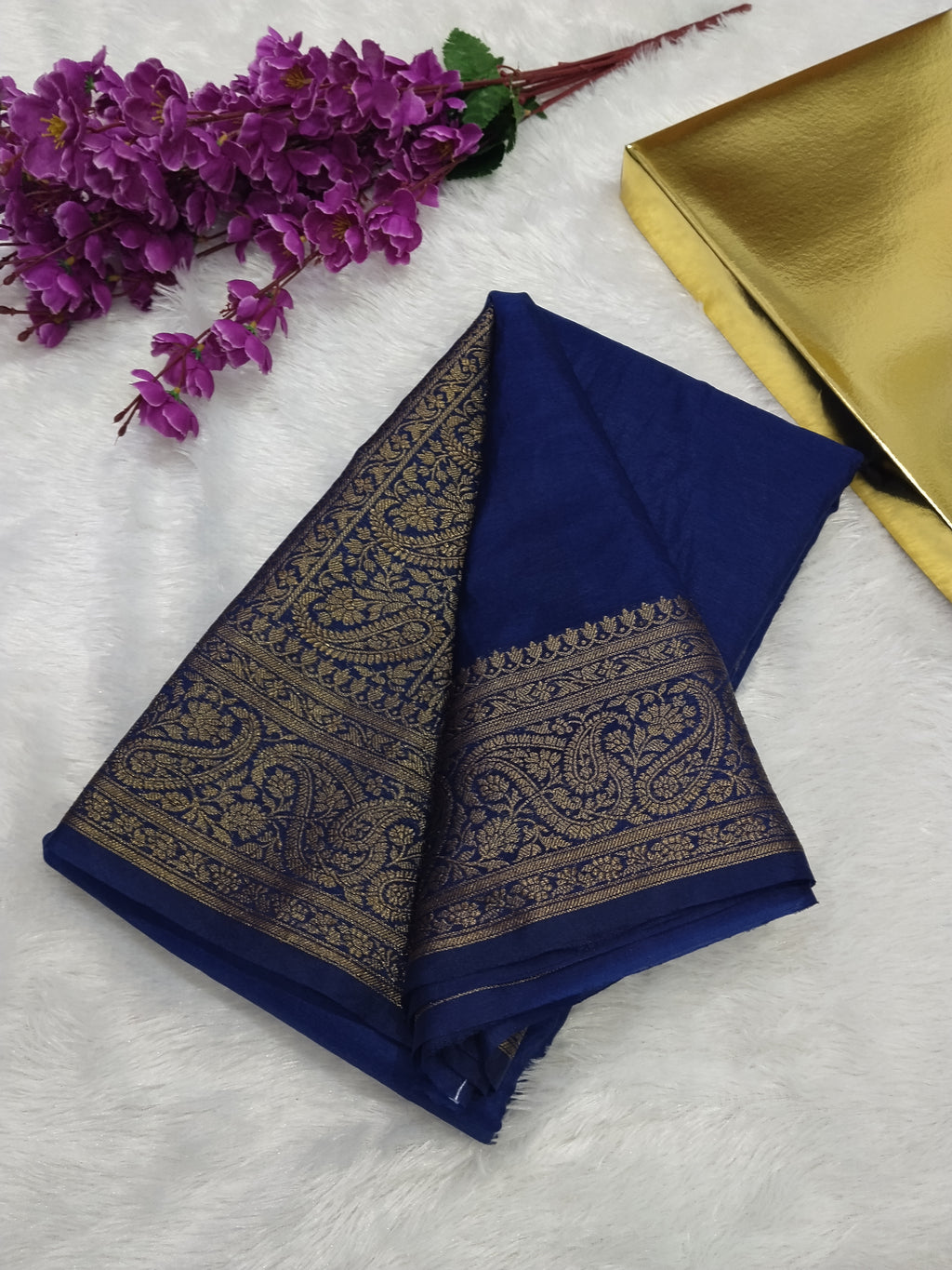Navy Blue Colour Banarasi Warm Silk Soft Saree Antique Zari