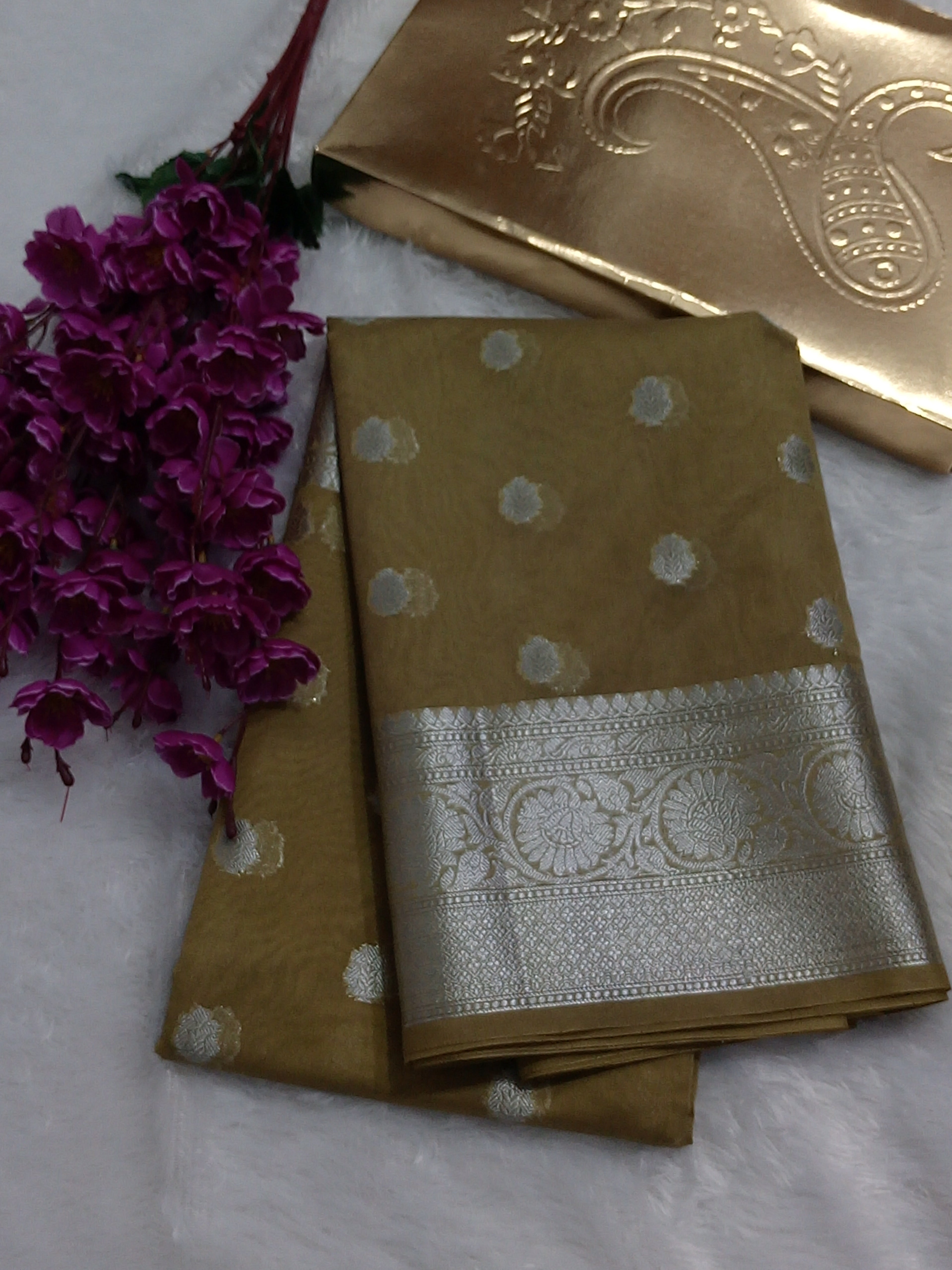 Beige Colour Silver Zari Buti Khaddi Georgette Saree