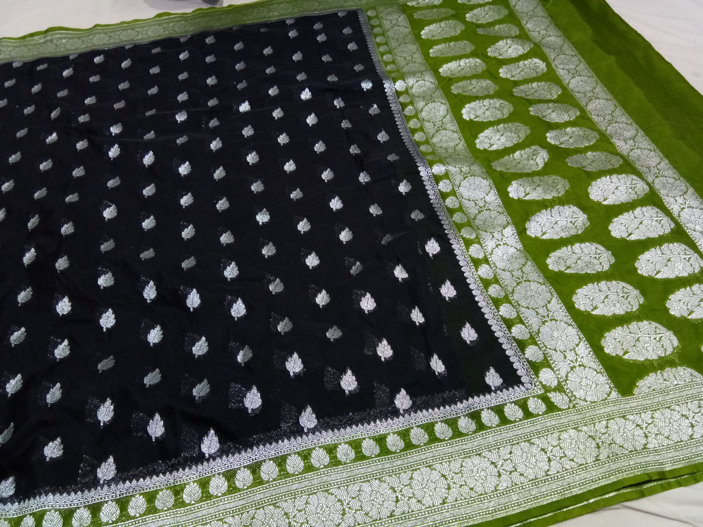Black And Green Colour Banarasi Katan Georgette Saree