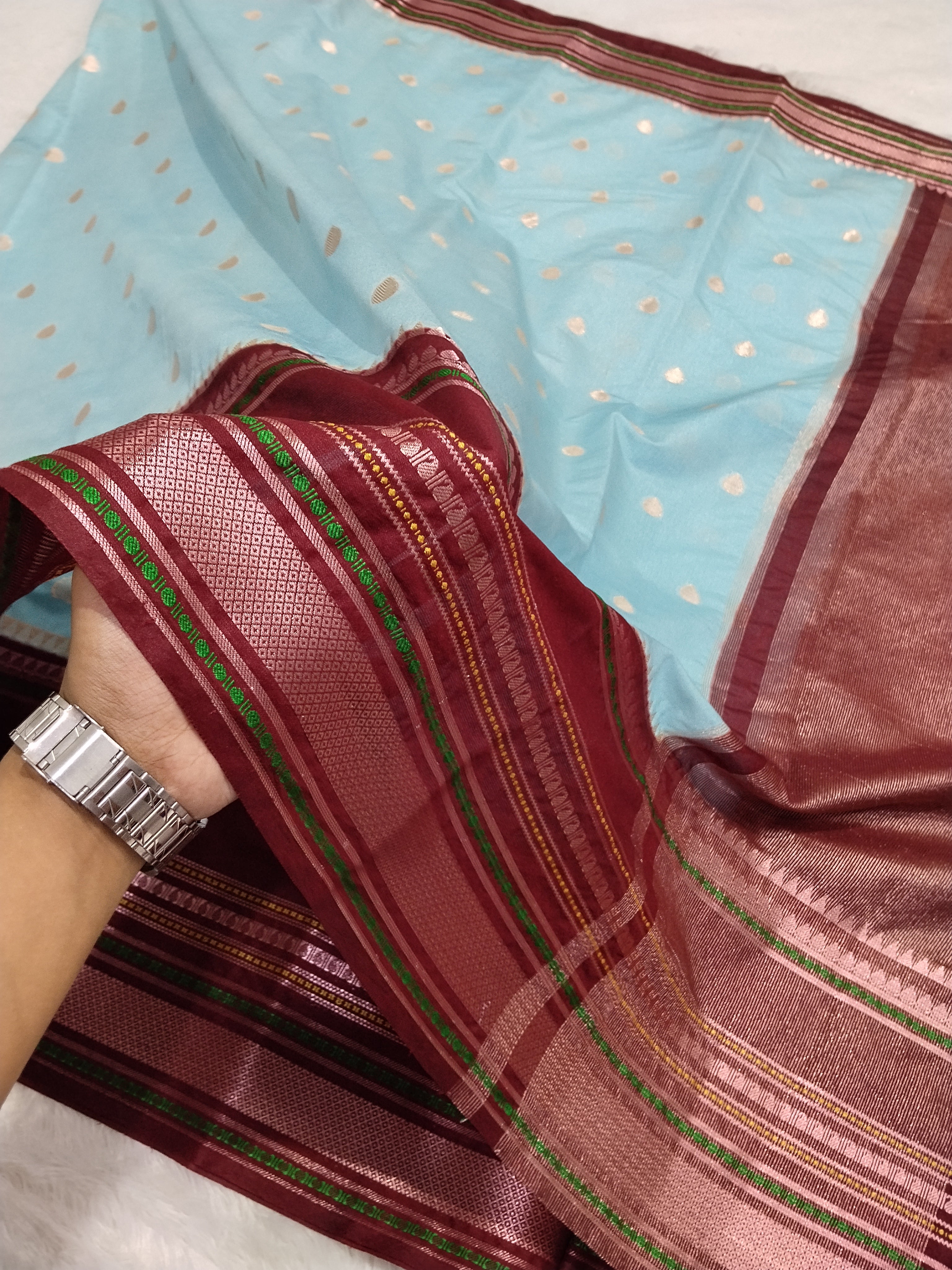 Sky Blue And Maroon Colour Kanjivaram Border Moonga Silk Saree With Buti