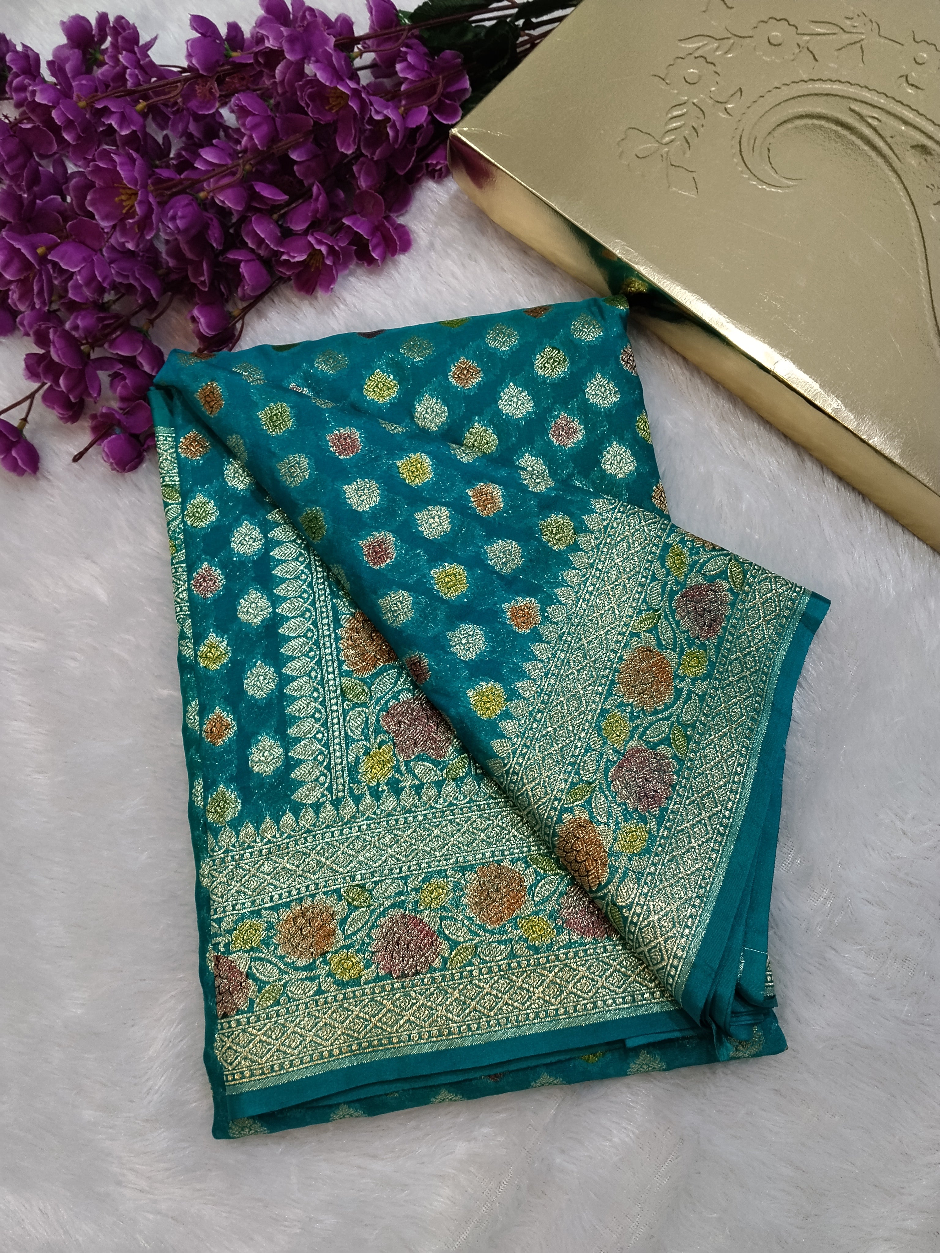 Rama Green Colour Hand Brush Meenakari Work Khaddi Georgette Saree