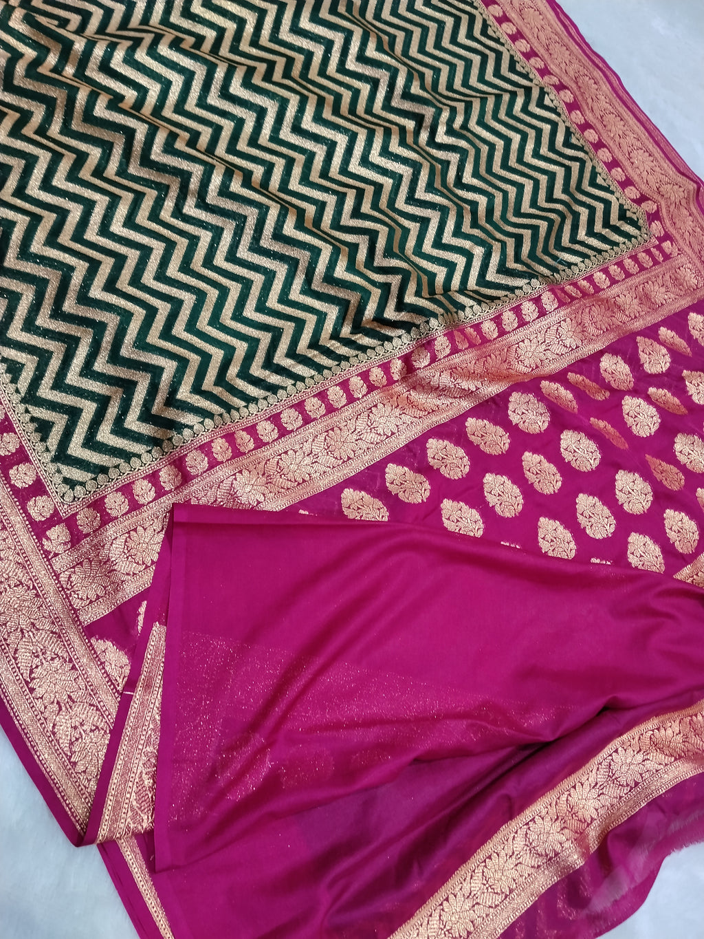 Bottle Green And Pink Gold Zari Khaddi Georgette Saree