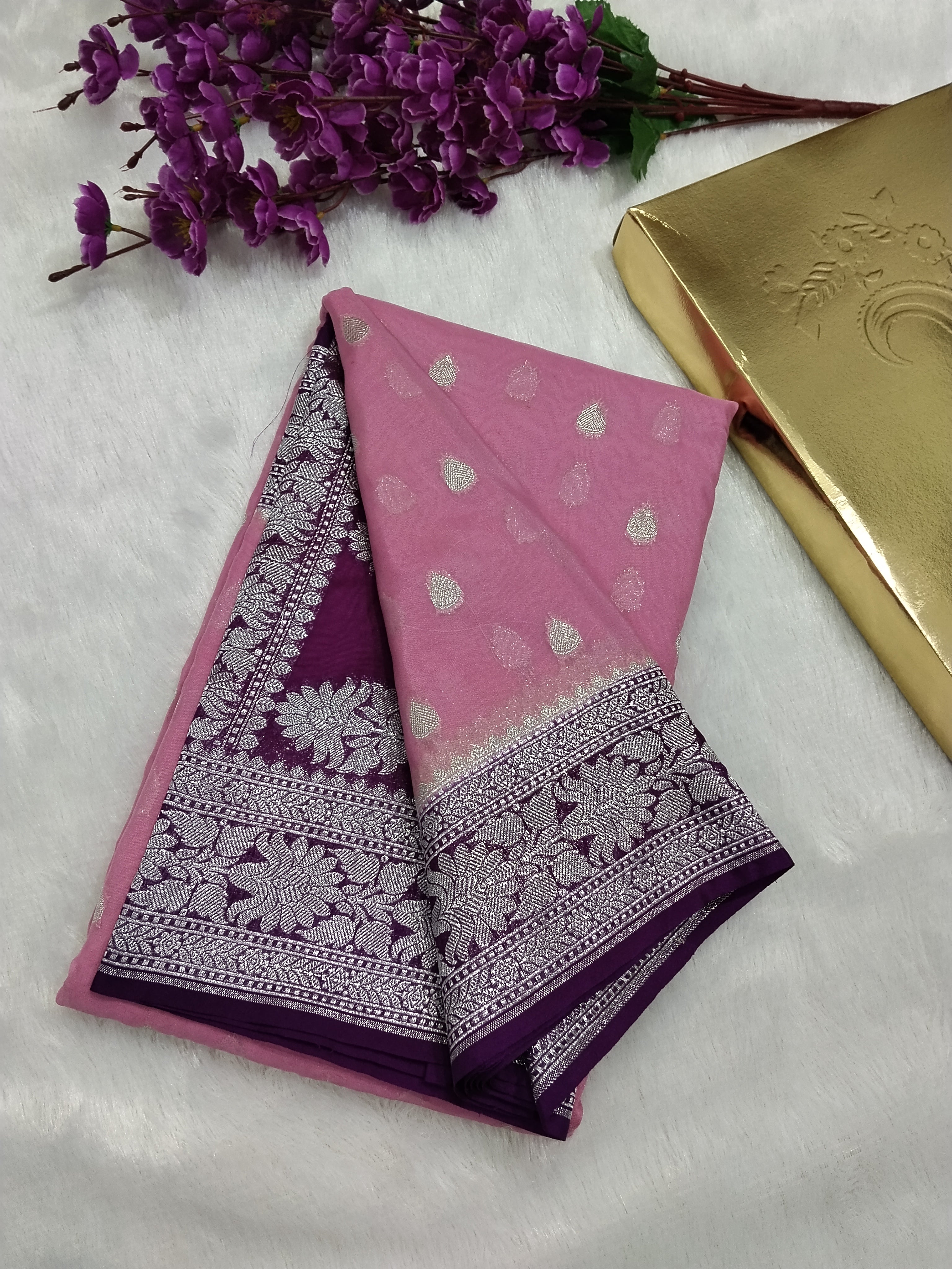 Light Pink And Purple Colour Zari Buti Khaddi Georgette Saree